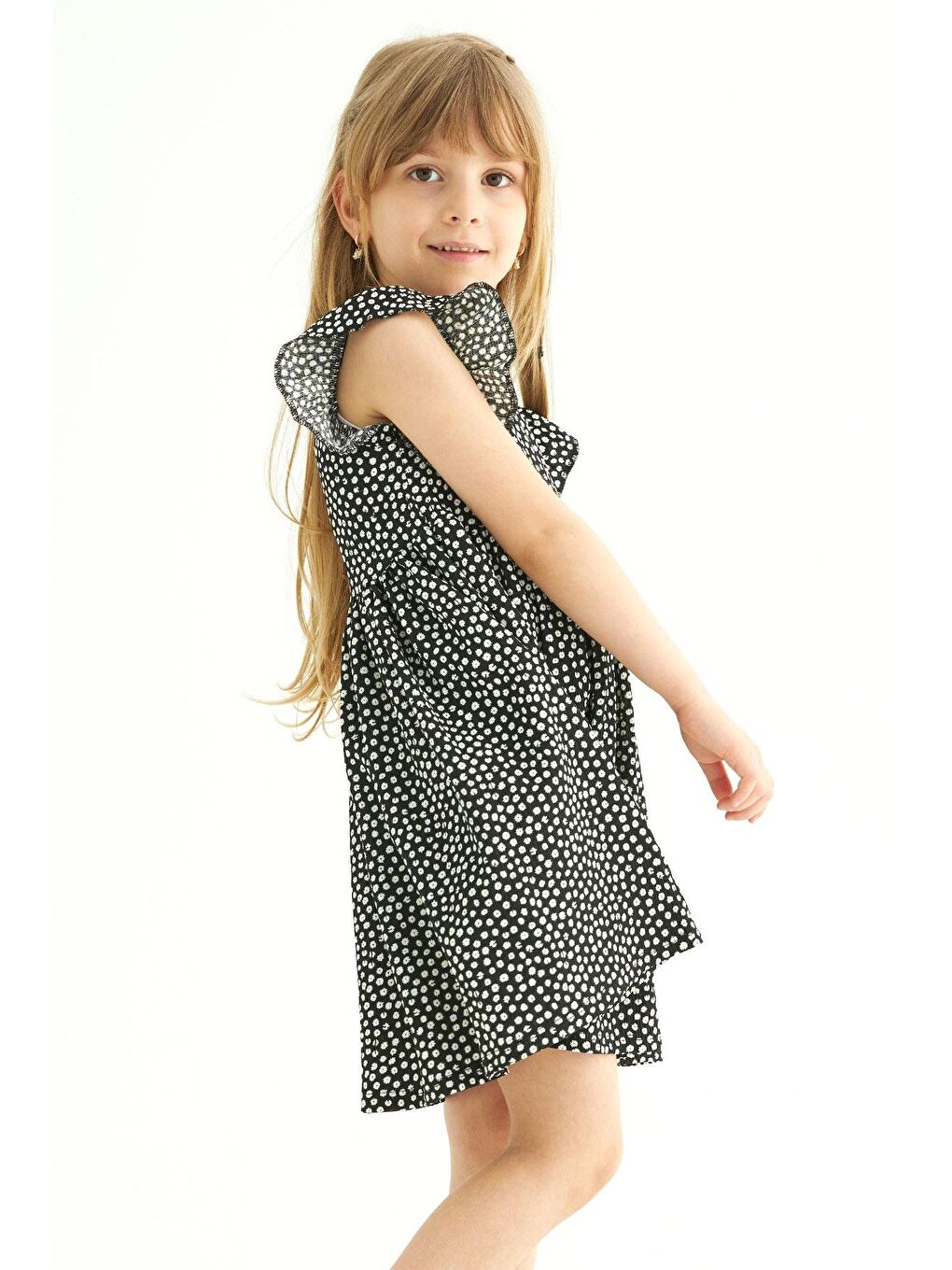 Siyah Bisiklet Yaka Fırfırlı Kız Çocuk Elbise-4