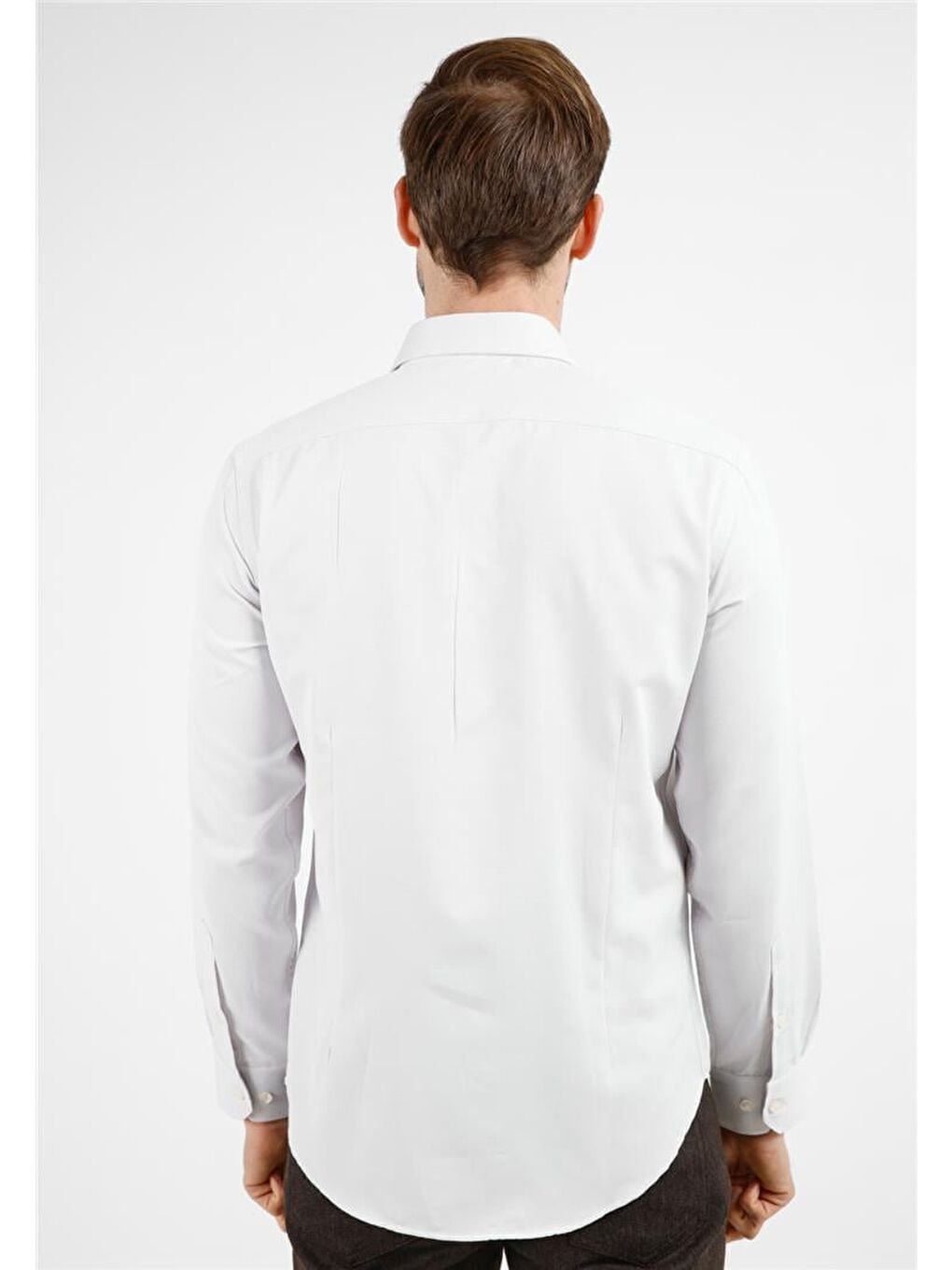 Bej-Beyaz  Sert Yaka Uzun Kol Cepsiz Slim Fit Pamuklu Gömlek 1004255214-4