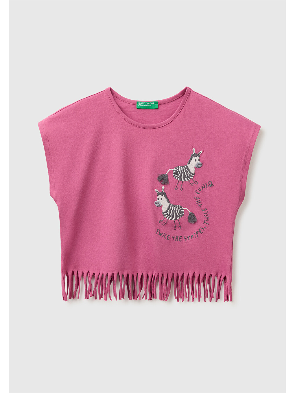 Pembe Kız Bebek Gül Kurusu Eteği Püskül Detaylı Kimono Kollu T-Shirt