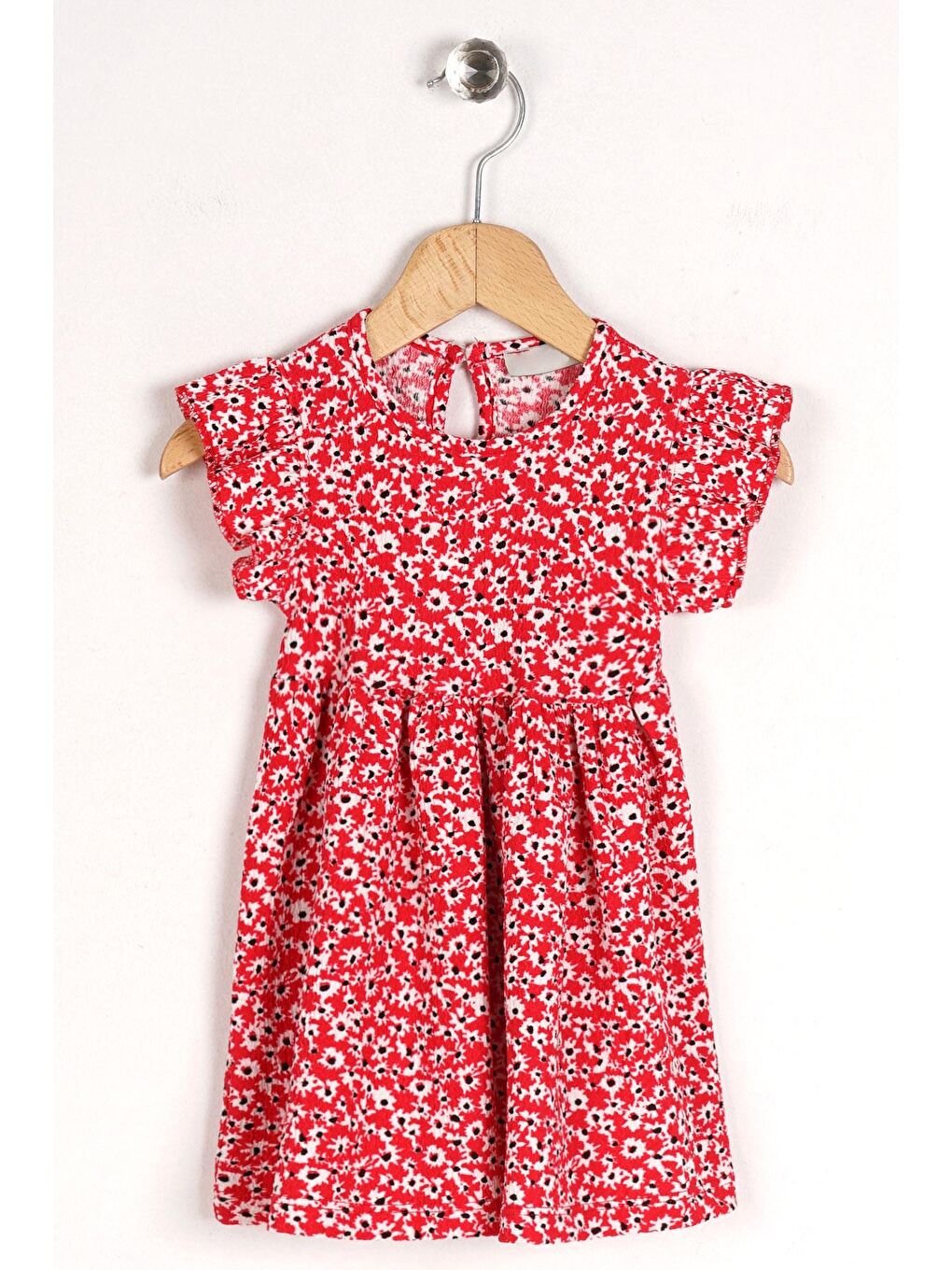 Kırmızı Bisiklet Yaka Fırfırlı Kız Çocuk Elbise