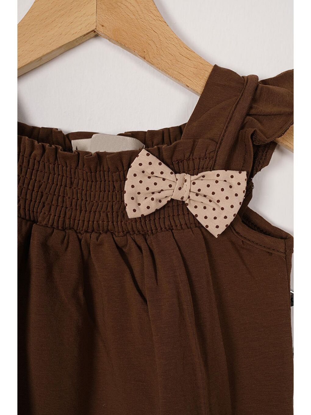 Kahverengi Kare Yaka Fırfır Kol Kız Çocuk Taytlı Takım-1