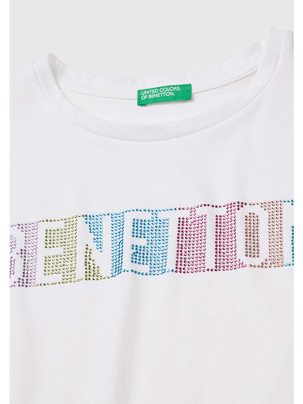Kız Çocuk Beyaz Renkli Taş Detaylı Bisiklet Yaka T-Shirt-2