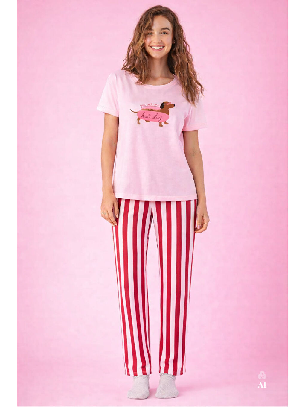 Pembe Kadın Pamuklu Renkli Köpek Baskılı Örme Pijama Takımı-1