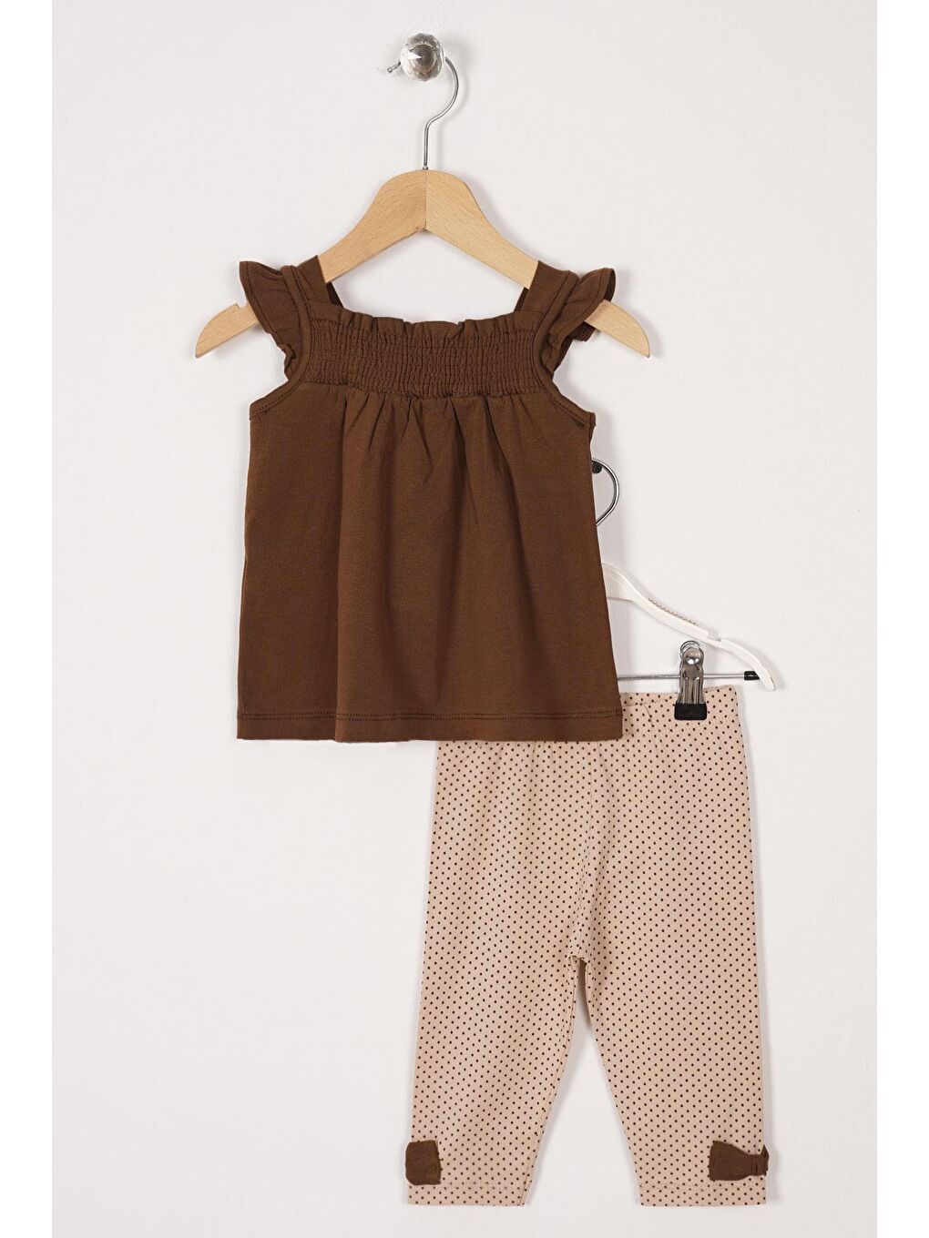 Kahverengi Kare Yaka Fırfır Kol Kız Çocuk Taytlı Takım-2