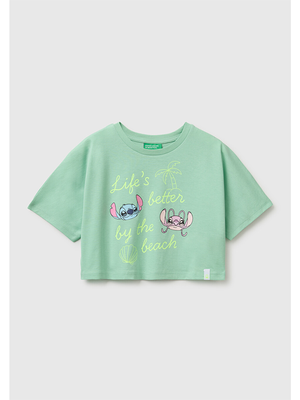 Kız Çocuk Yeşil Lilo & Stitch Baskı Detaylı Crop T-Shirt
