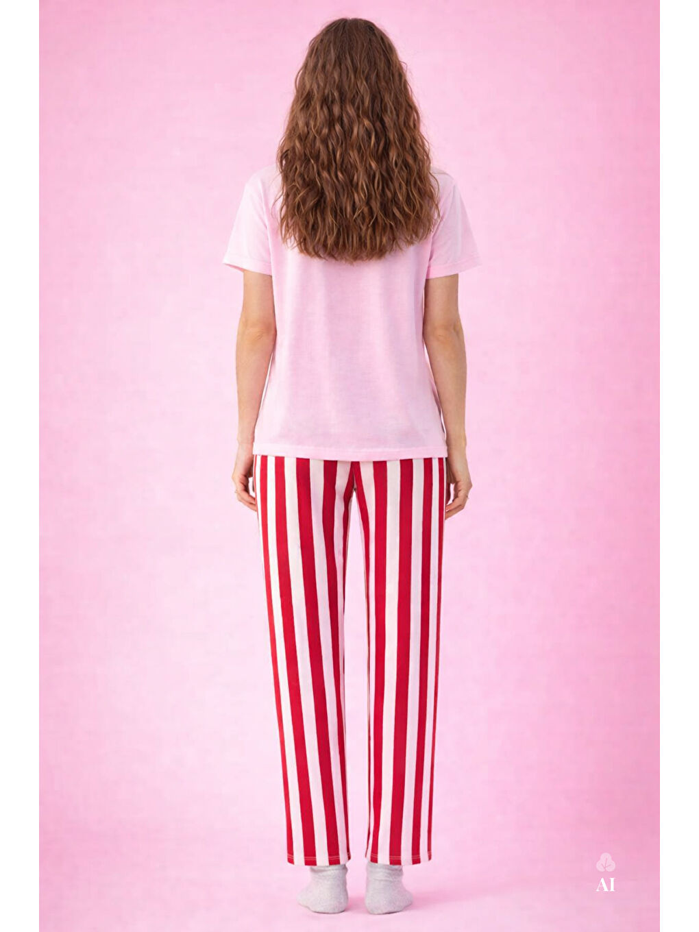 Pembe Kadın Pamuklu Renkli Köpek Baskılı Örme Pijama Takımı-2