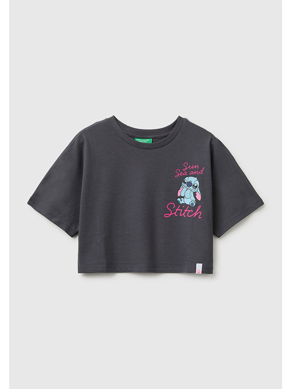 Kız Çocuk Koyu Kahverengi Lilo & Stitch Baskı Detaylı Crop T-Shirt