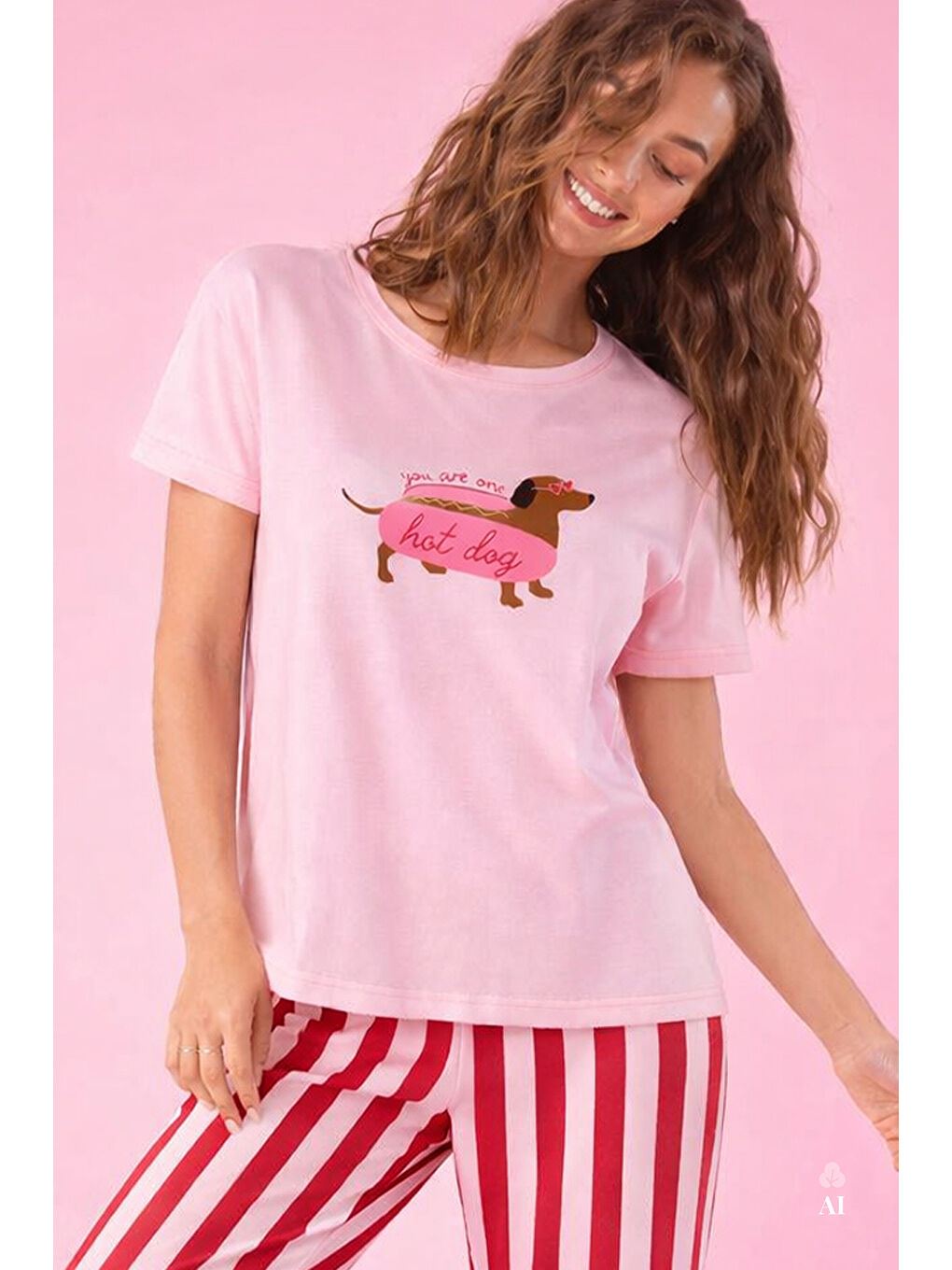Pembe Kadın Pamuklu Renkli Köpek Baskılı Örme Pijama Takımı-3