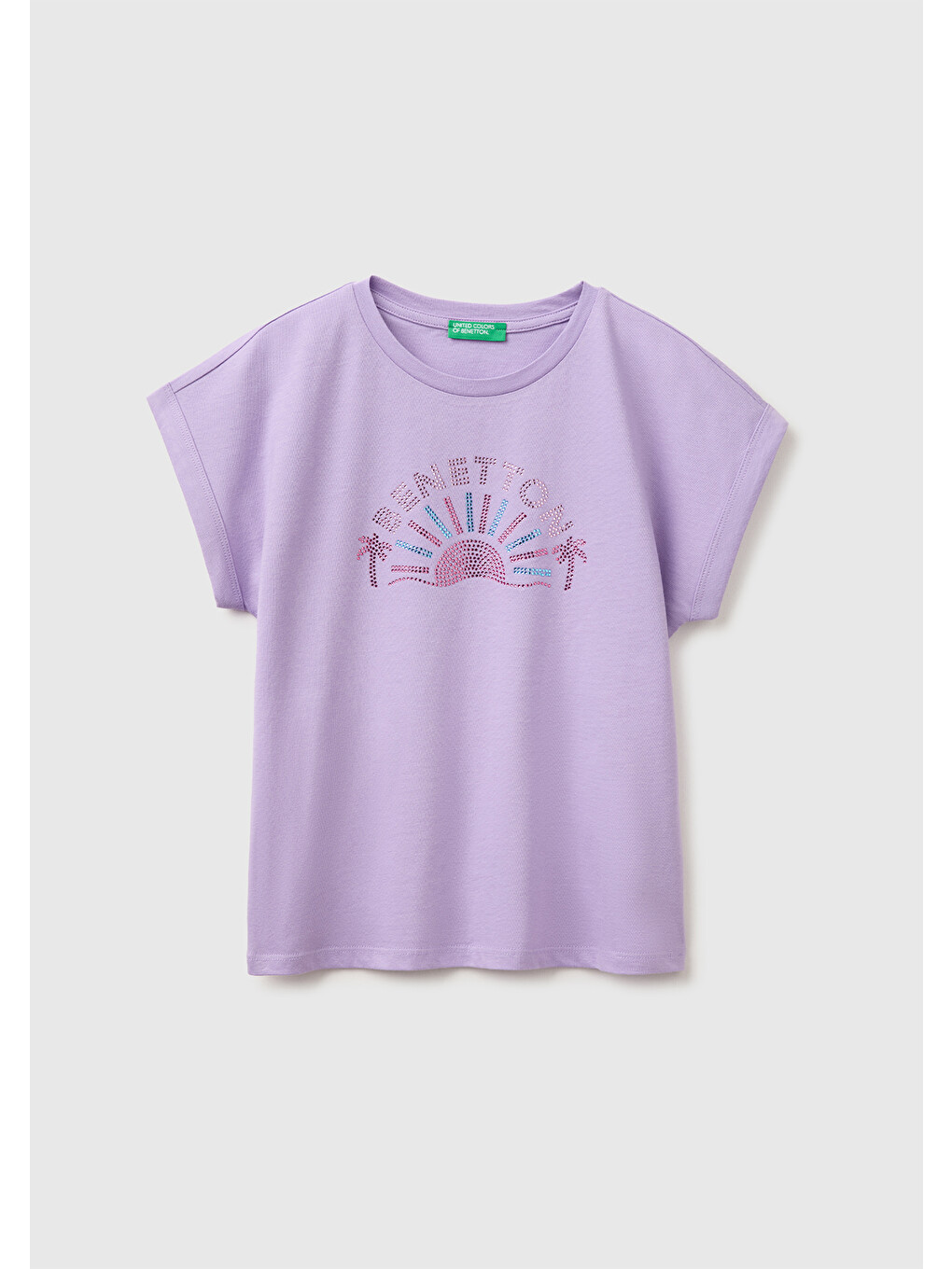 Kız Çocuk Lila Renkli Taş Detaylı Bisiklet Yaka T-Shirt