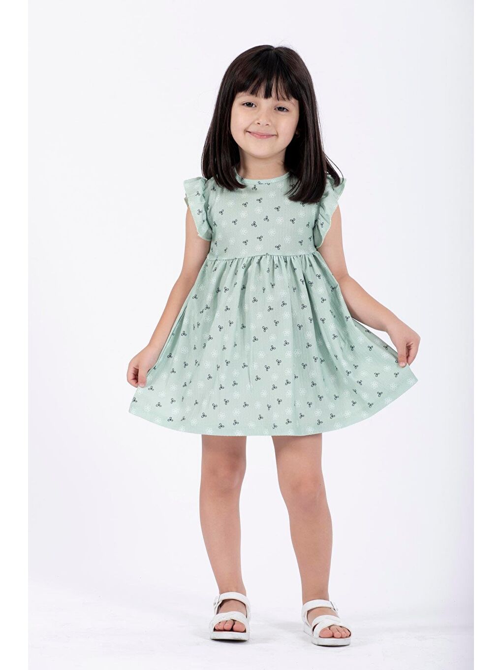 Yeşil Bisiklet Yaka Fırfırlı Kız Çocuk Elbise