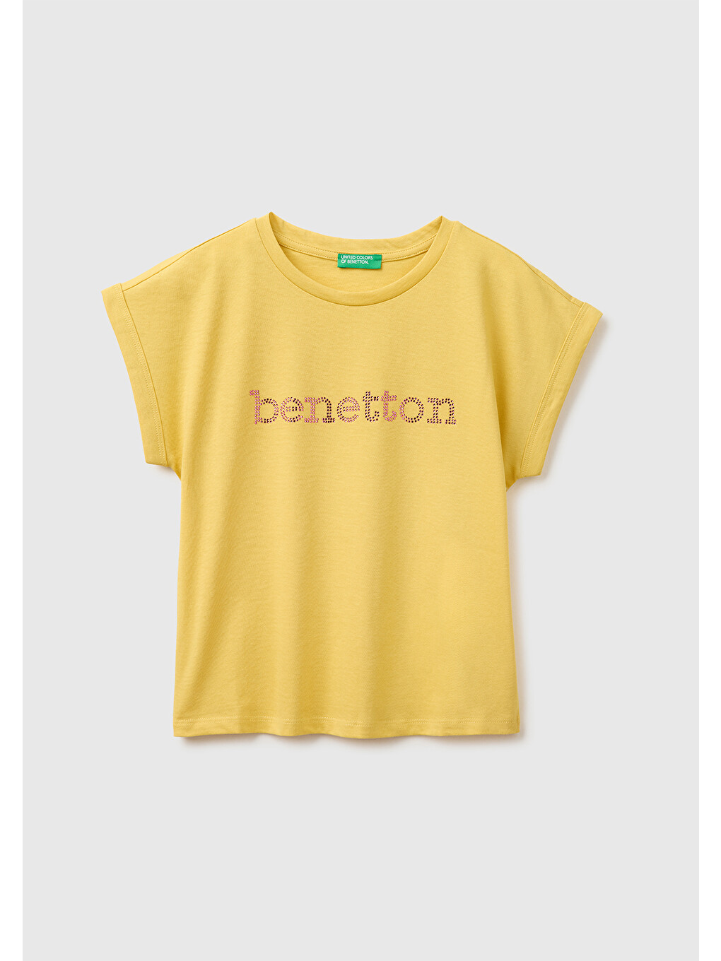 Kız Çocuk Hardal Sarısı Renkli Taş Detaylı Bisiklet Yaka T-Shirt