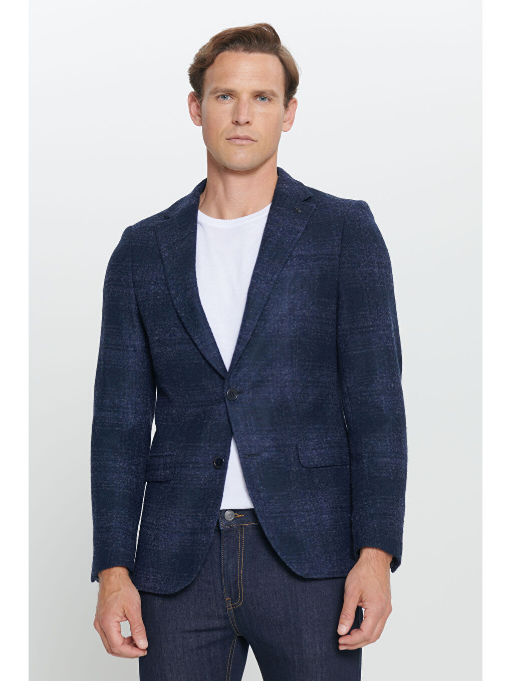 Erkek Lacivert Slim Fit Dar Kesim Mono Yaka Yünlü Ceket