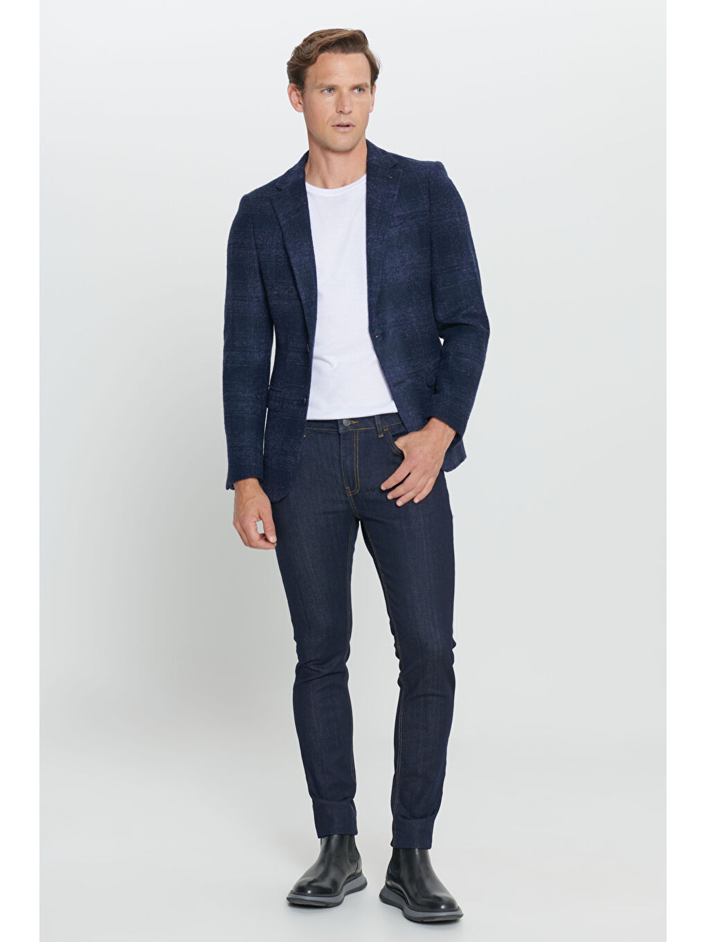Erkek Lacivert Slim Fit Dar Kesim Mono Yaka Yünlü Ceket-1