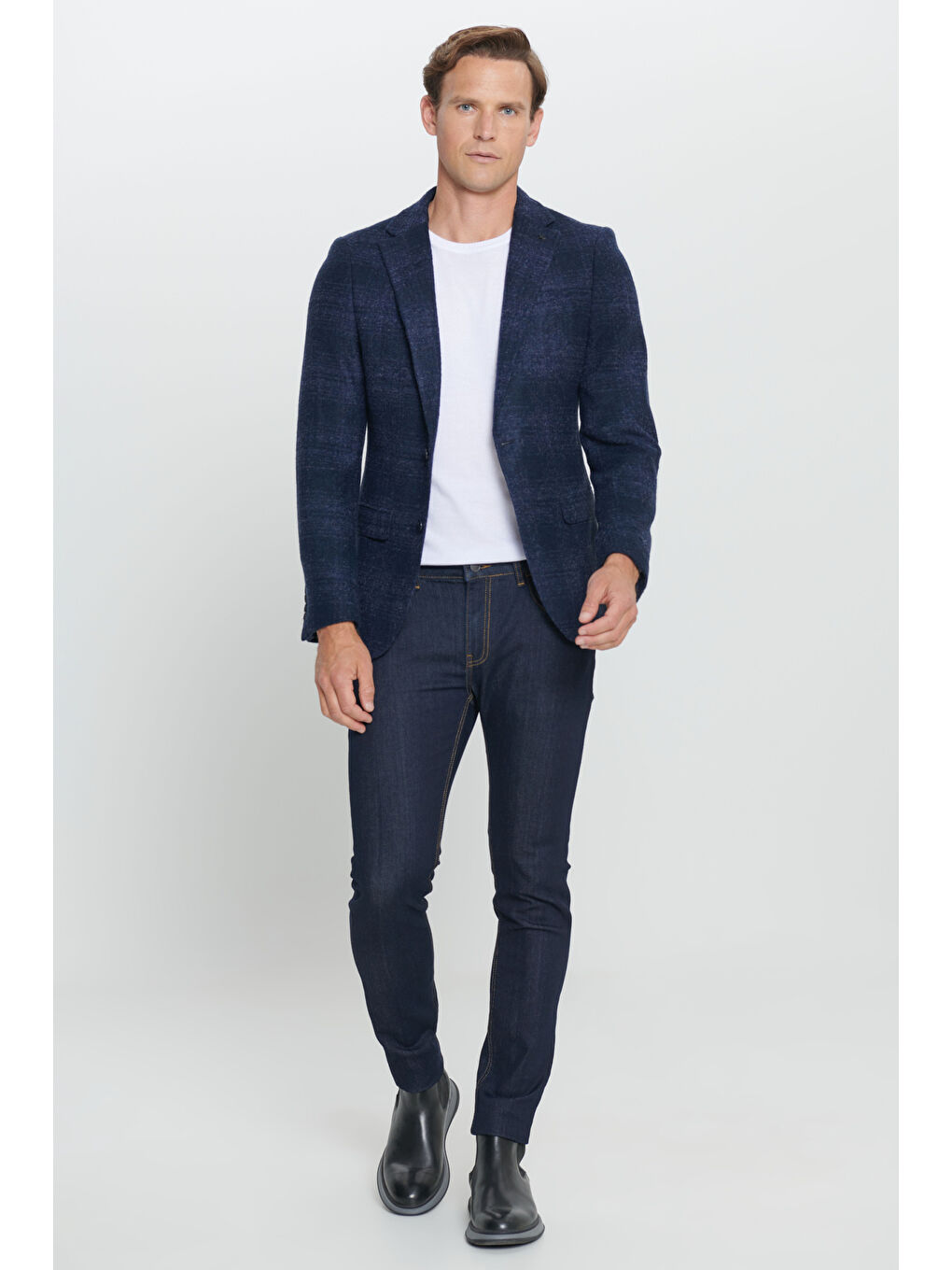 Erkek Lacivert Slim Fit Dar Kesim Mono Yaka Yünlü Ceket-2