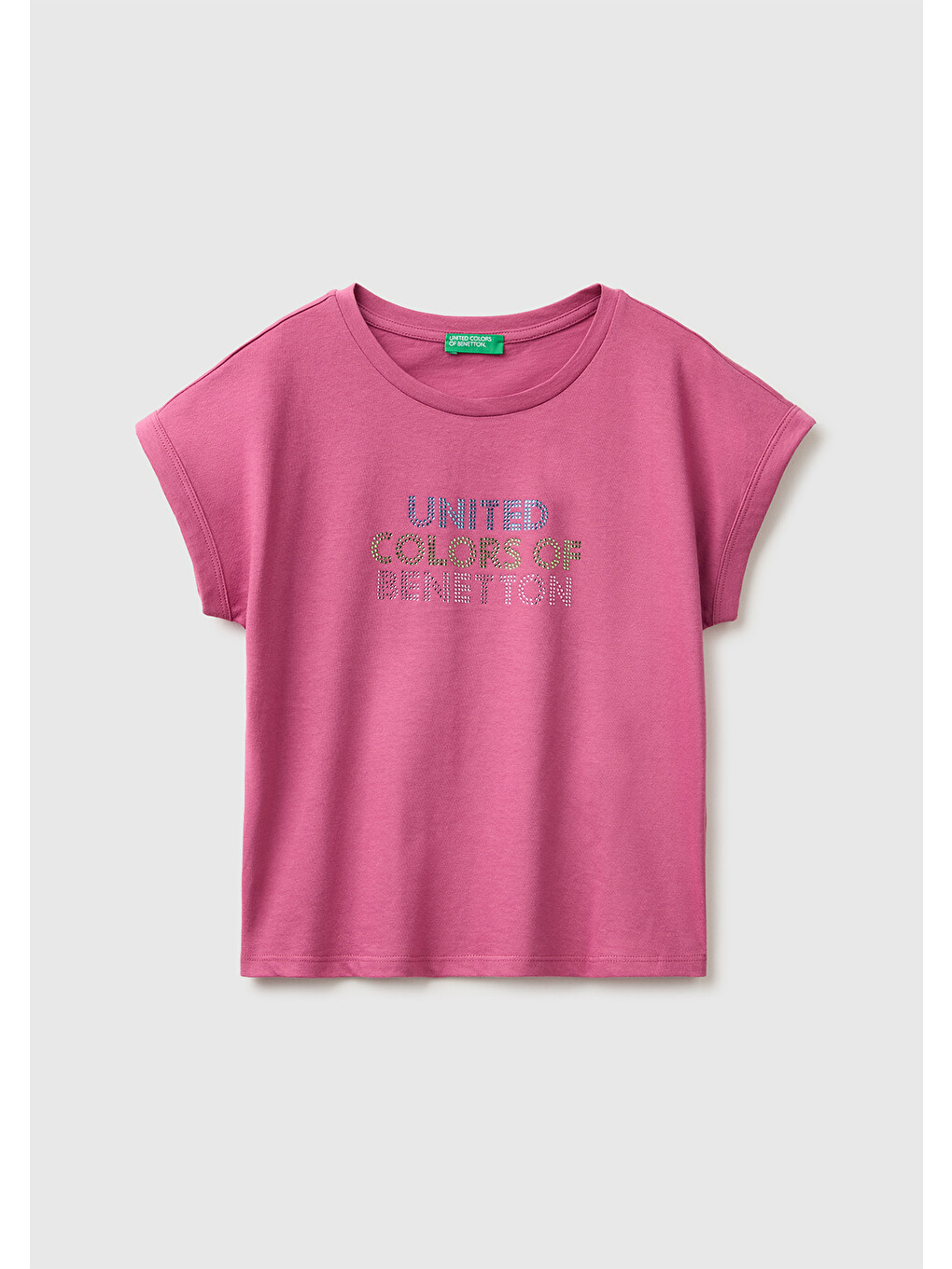 Pembe Kız Çocuk Gül Kurusu Renkli Taş Detaylı Bisiklet Yaka T-Shirt