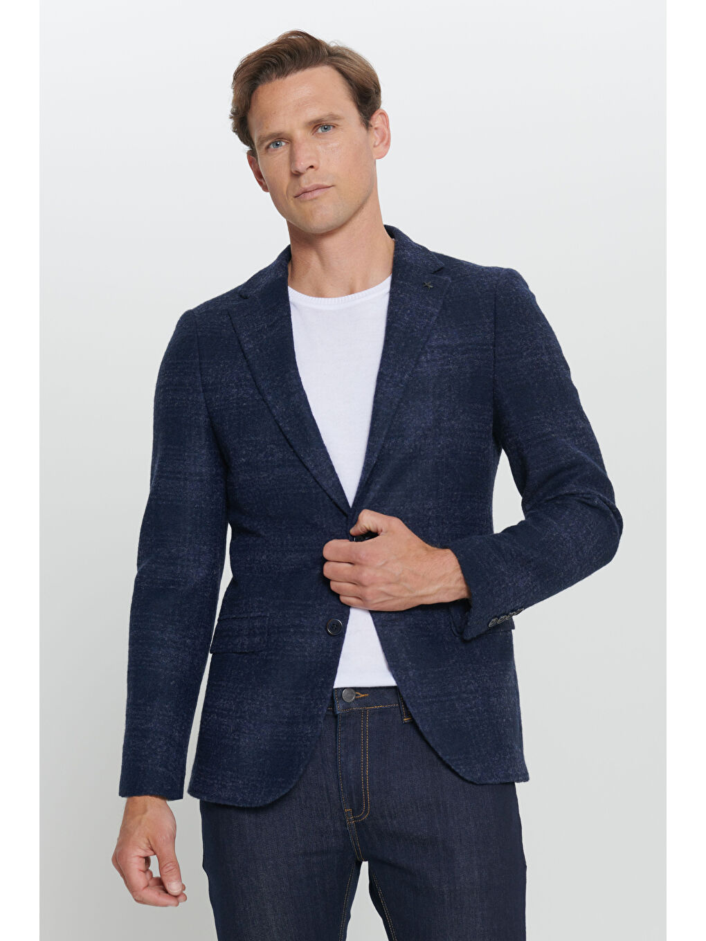 Erkek Lacivert Slim Fit Dar Kesim Mono Yaka Yünlü Ceket-3