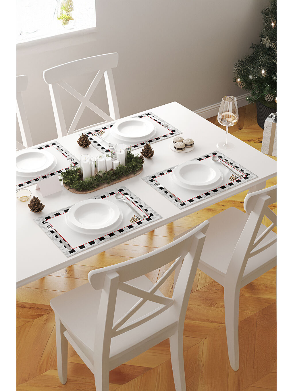 Marquina Dama Desenli Balkabak Temalı 2'li Amerikan Servis Seti Siyah-Beyaz