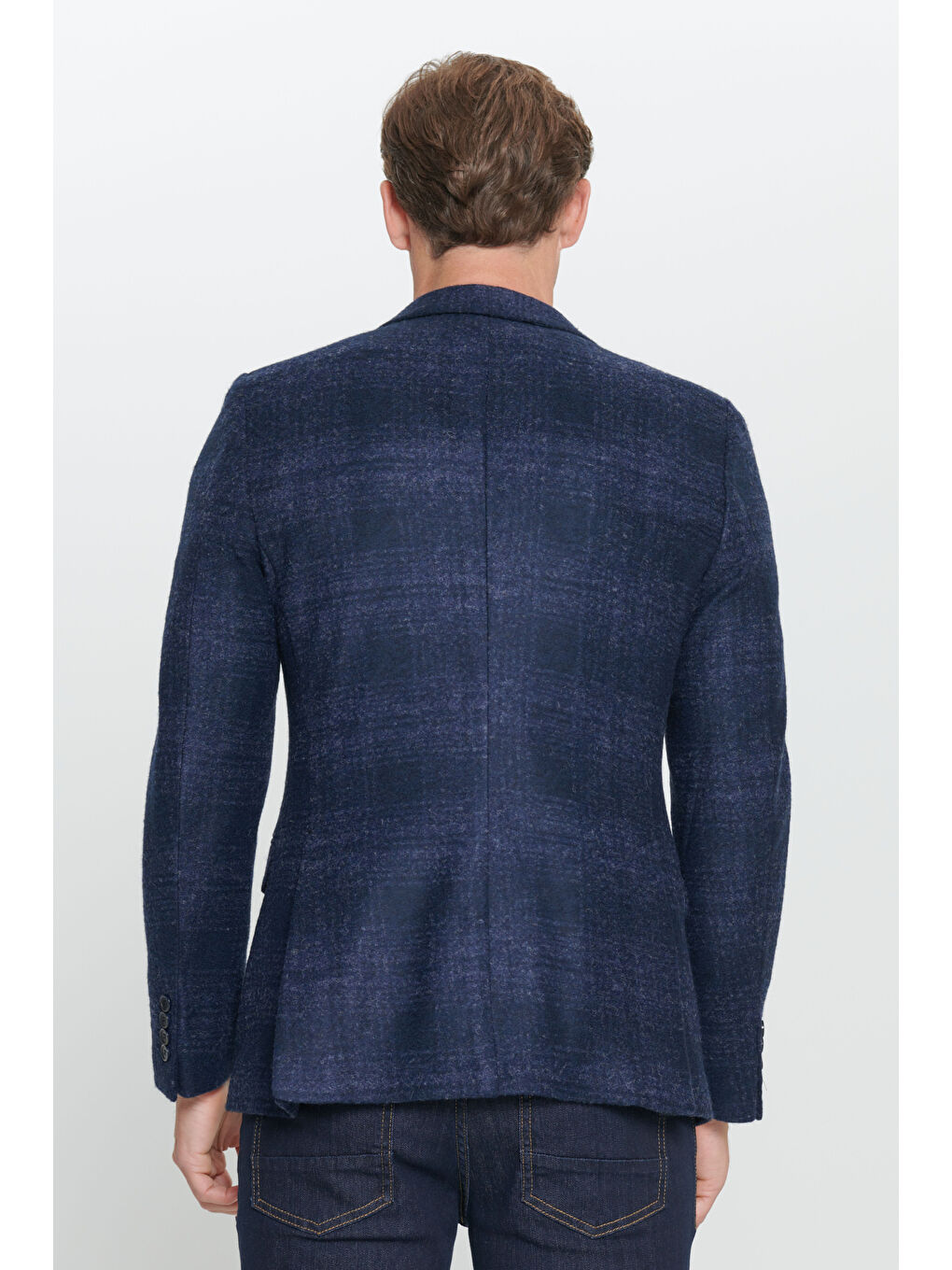 Erkek Lacivert Slim Fit Dar Kesim Mono Yaka Yünlü Ceket-4