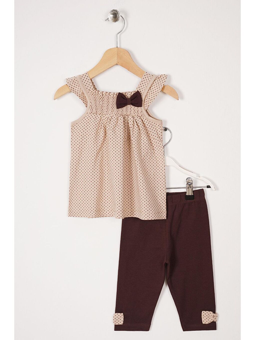 Bej Kare Yaka Fırfır Kol Kız Çocuk Taytlı Takım