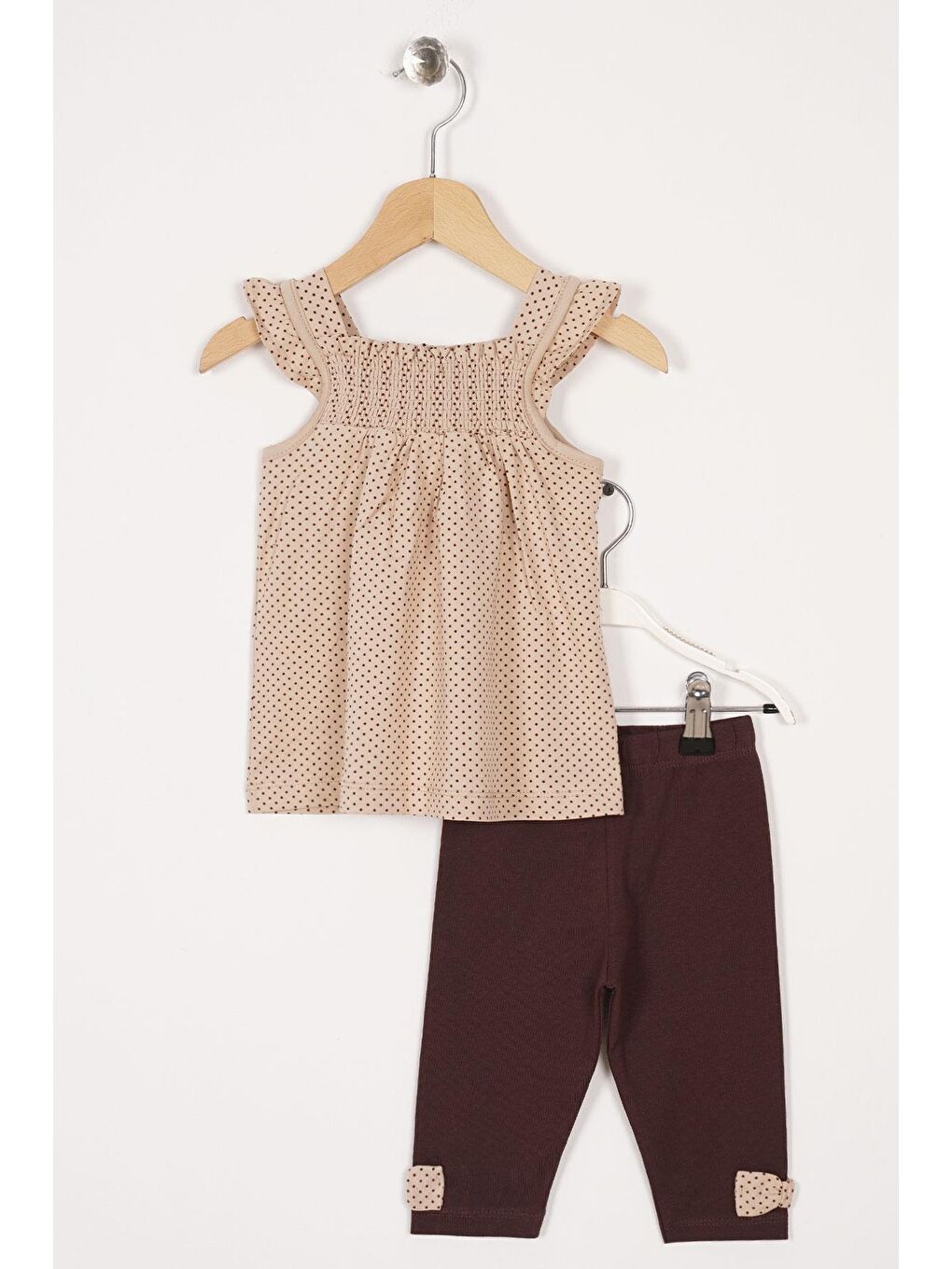 Bej Kare Yaka Fırfır Kol Kız Çocuk Taytlı Takım-2