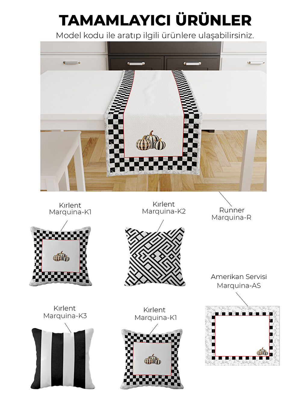 Marquina Dama Desenli Balkabak Temalı 2'li Amerikan Servis Seti Siyah-Beyaz-2