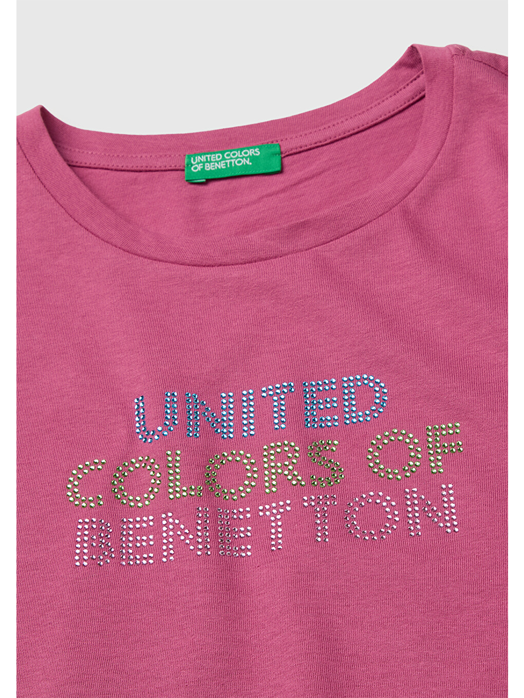 Pembe Kız Çocuk Gül Kurusu Renkli Taş Detaylı Bisiklet Yaka T-Shirt-2