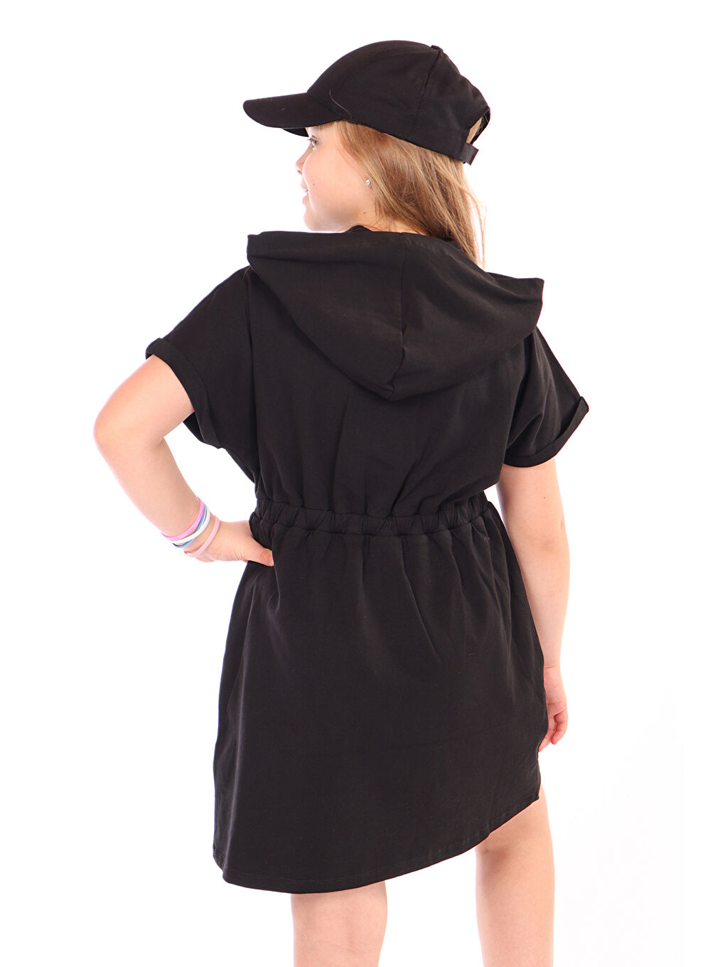 Siyah Kız Çocuk Beli Lastikli Önü Çıtçıtlı Kapüşonlu Elbise-1