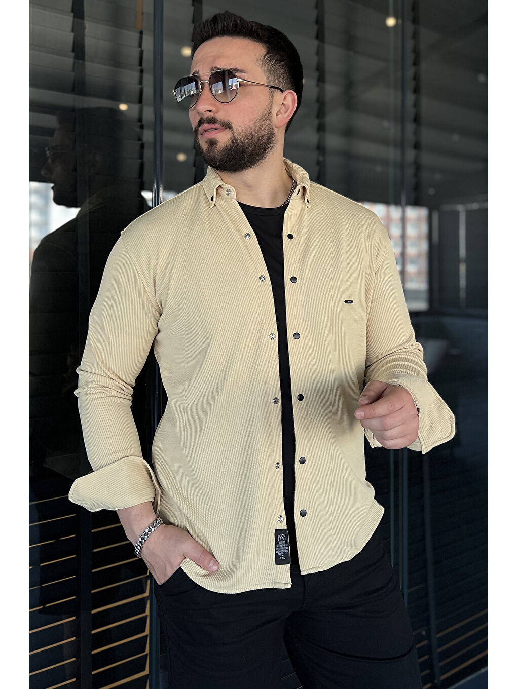 Sarı Erkek Uzun Kol Elastanlı Gömlek