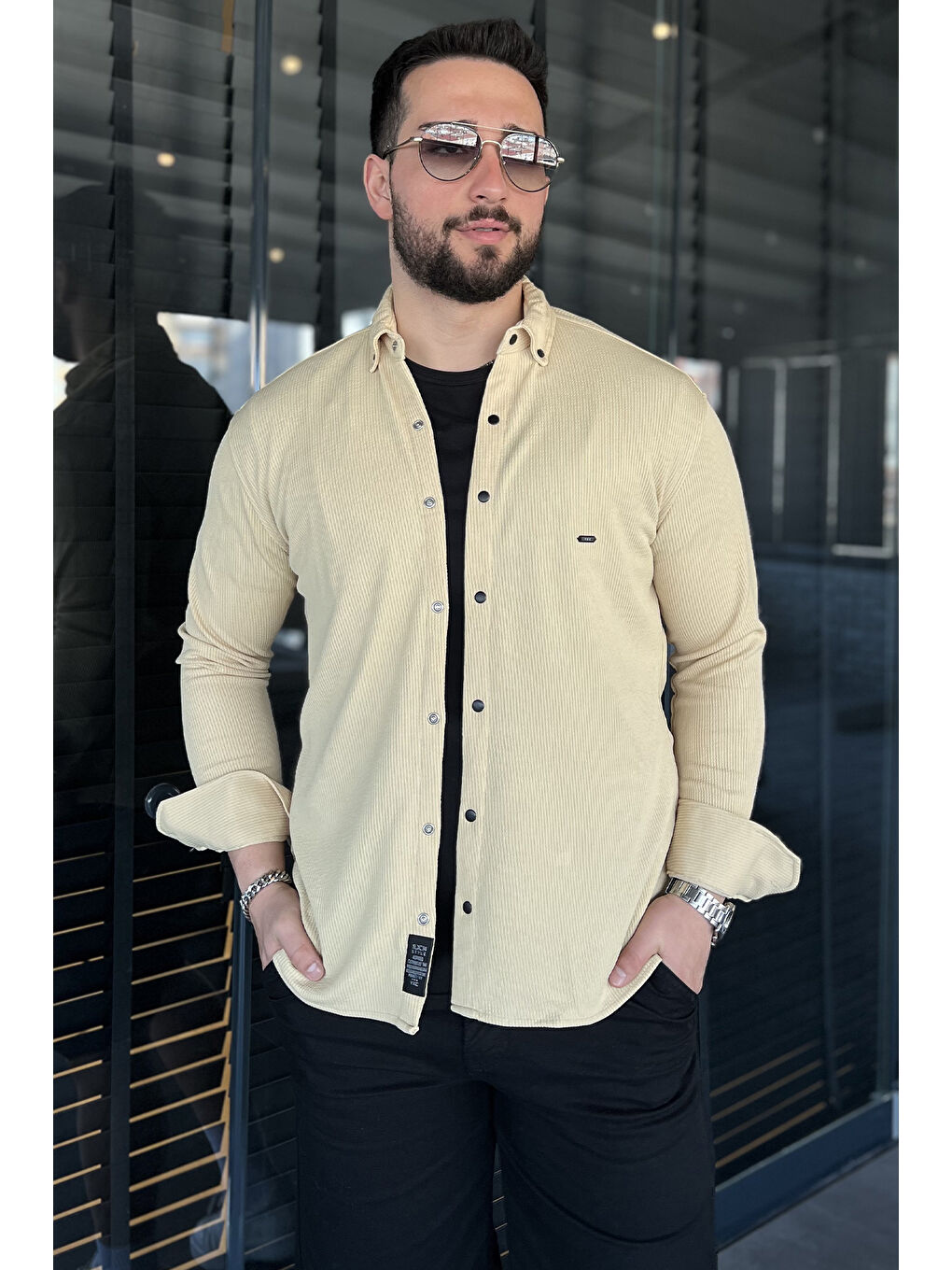 Sarı Erkek Uzun Kol Elastanlı Gömlek-1