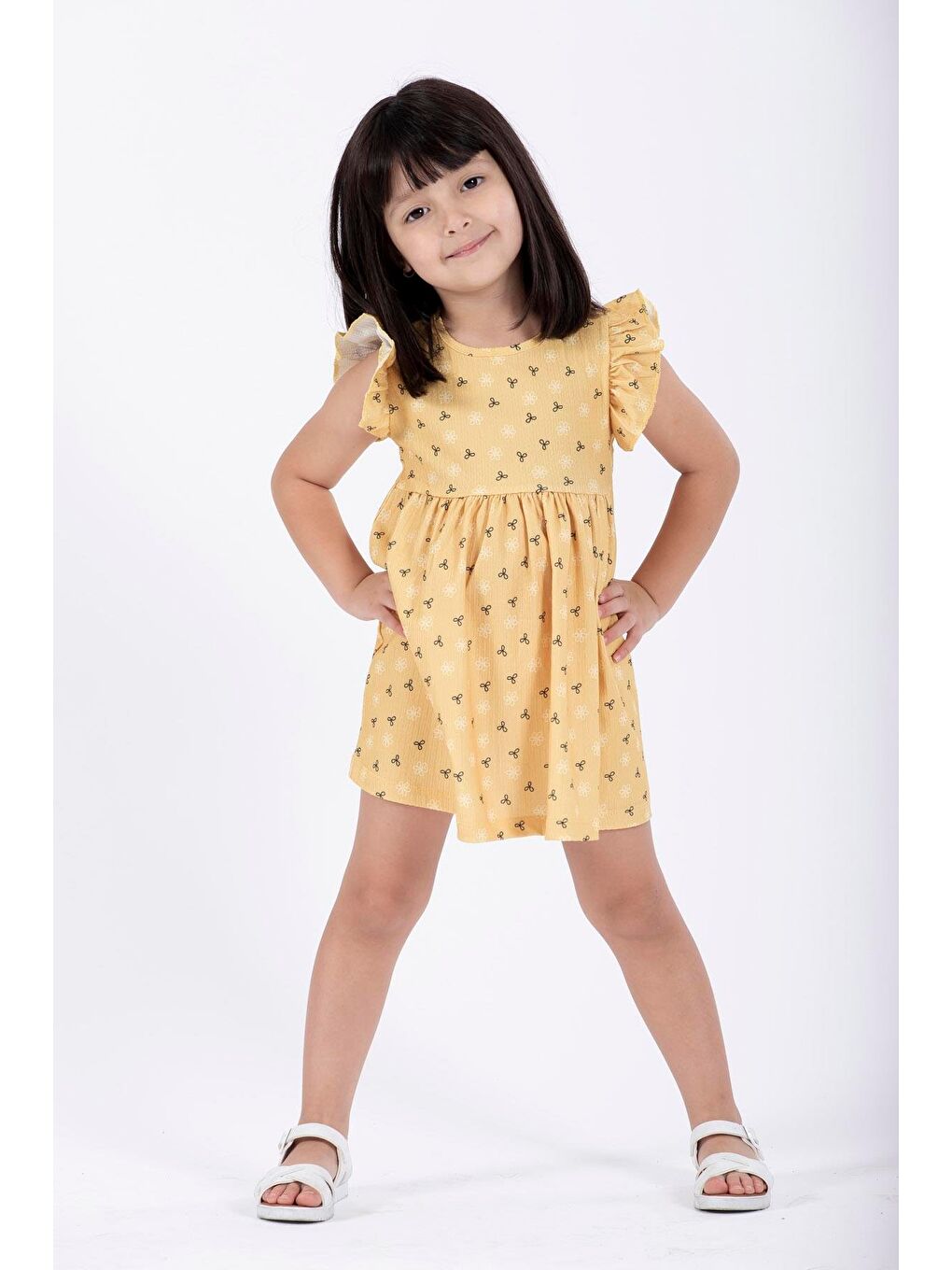 Sarı Bisiklet Yaka Fırfırlı Kız Çocuk Elbise