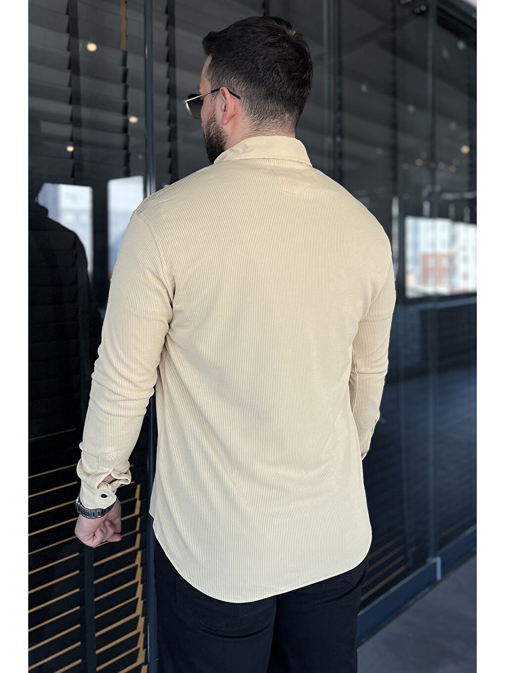 Sarı Erkek Uzun Kol Elastanlı Gömlek-2