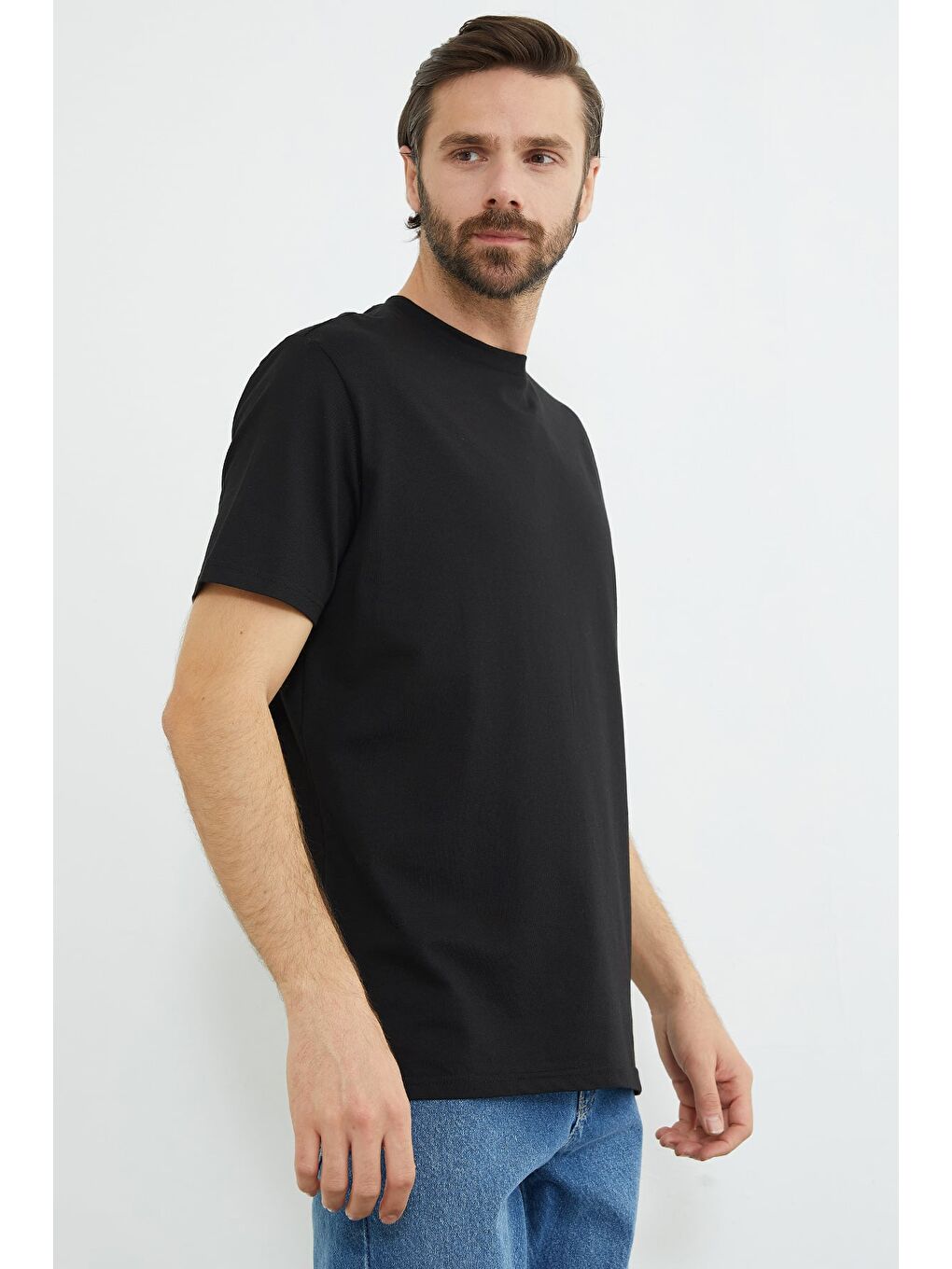 Siyah Oxford Kumaş Bisiklet Yaka Tişört-1