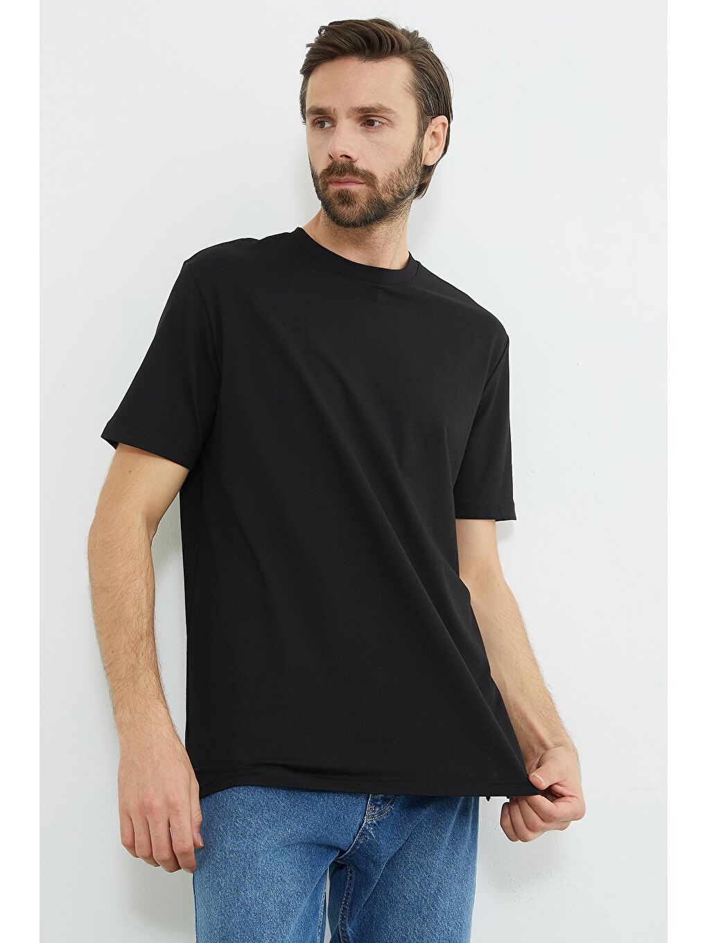 Siyah Oxford Kumaş Bisiklet Yaka Tişört-3