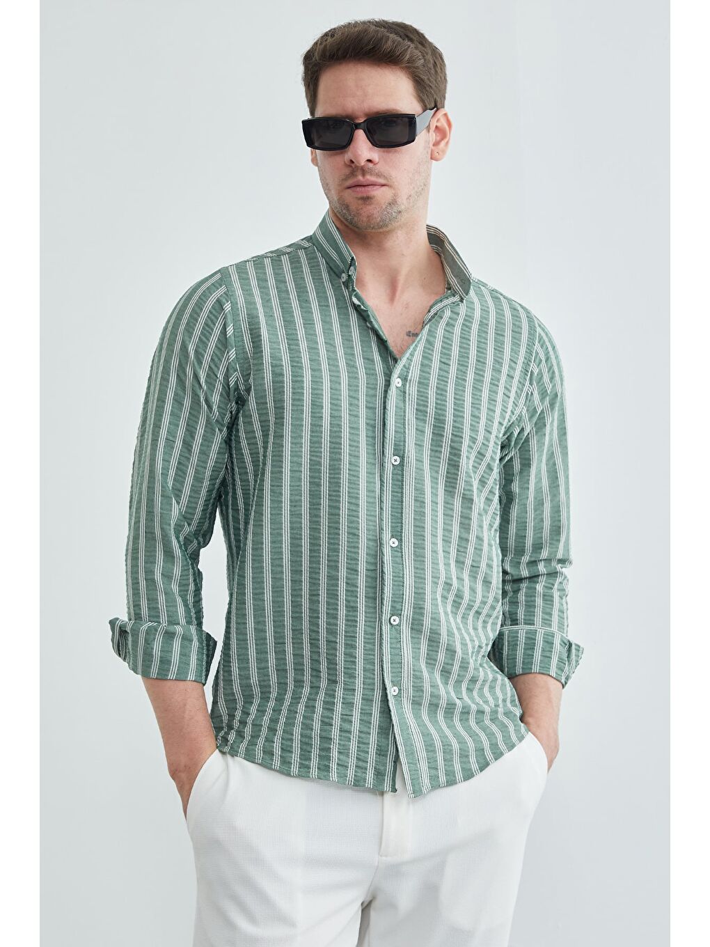 Yeşil Çizgili Jakarlı Gömlek