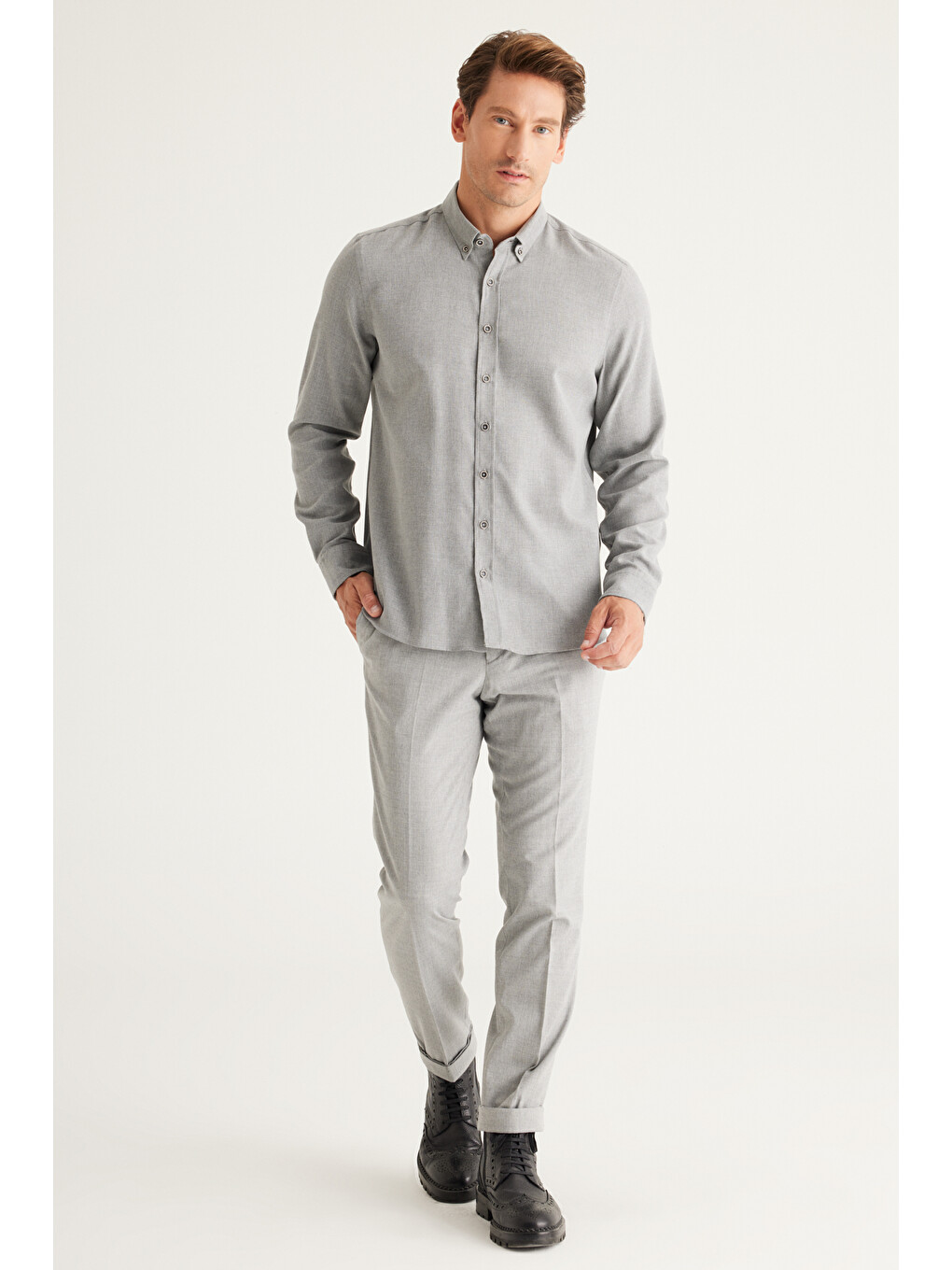 Erkek Gri Slim Fit Dar Kesim Klasik Yaka Organik Pamuk Karışımlı Gömlek-1