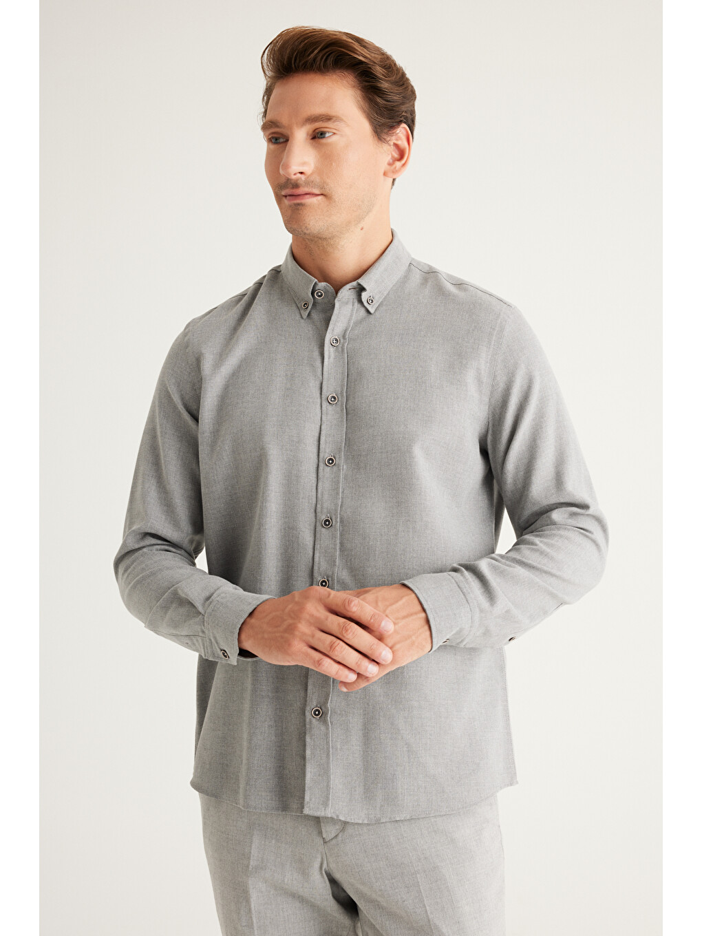 Erkek Gri Slim Fit Dar Kesim Klasik Yaka Organik Pamuk Karışımlı Gömlek-3