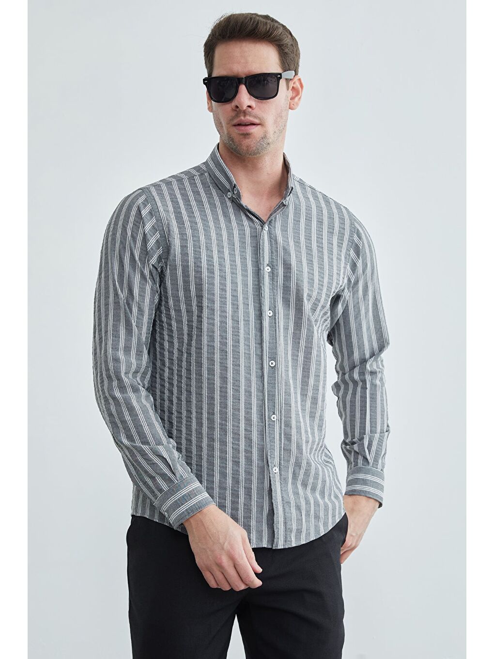 Gri Çizgili Jakarlı Gömlek-2