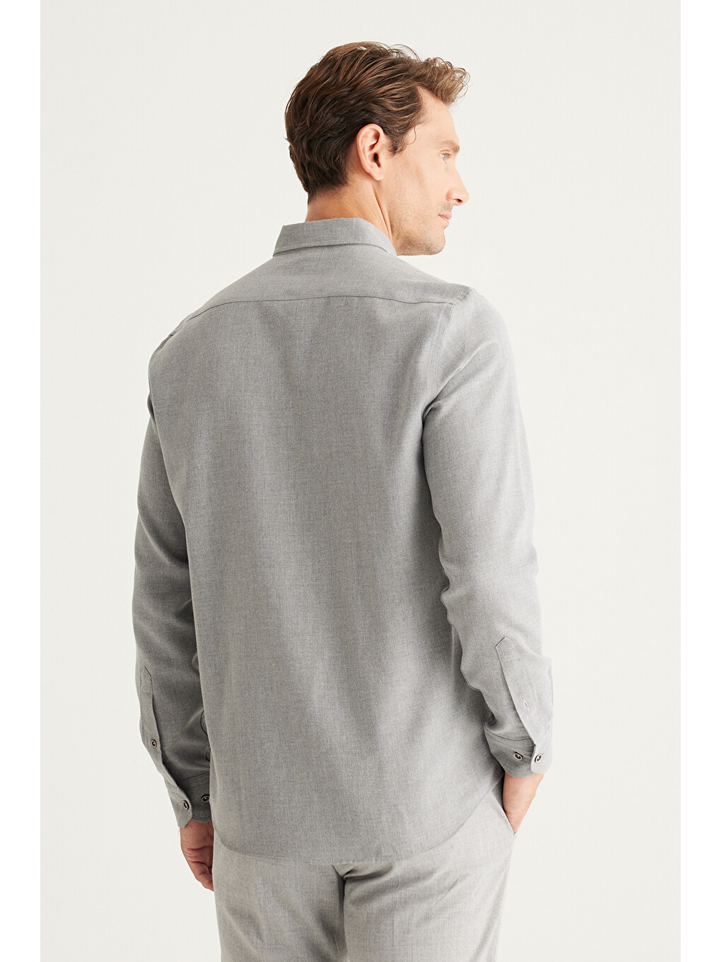 Erkek Gri Slim Fit Dar Kesim Klasik Yaka Organik Pamuk Karışımlı Gömlek-5