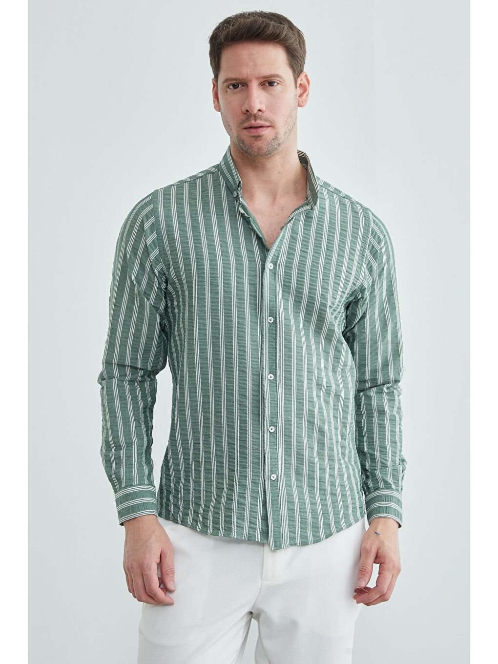 Yeşil Çizgili Jakarlı Gömlek-4