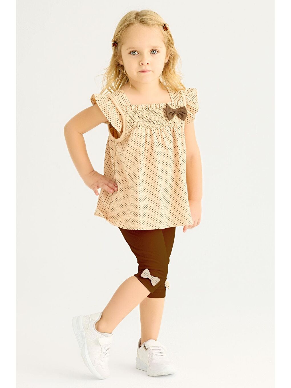 Bej Kare Yaka Fırfır Kol Kız Çocuk Taytlı Takım