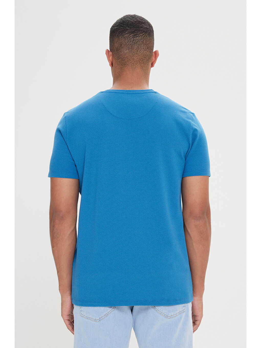 Erkek İndigo Slim Fit Dar Kesim Bisiklet Yaka Kısa Kollu Yumuşak Tuşeli Basic Tişört-4