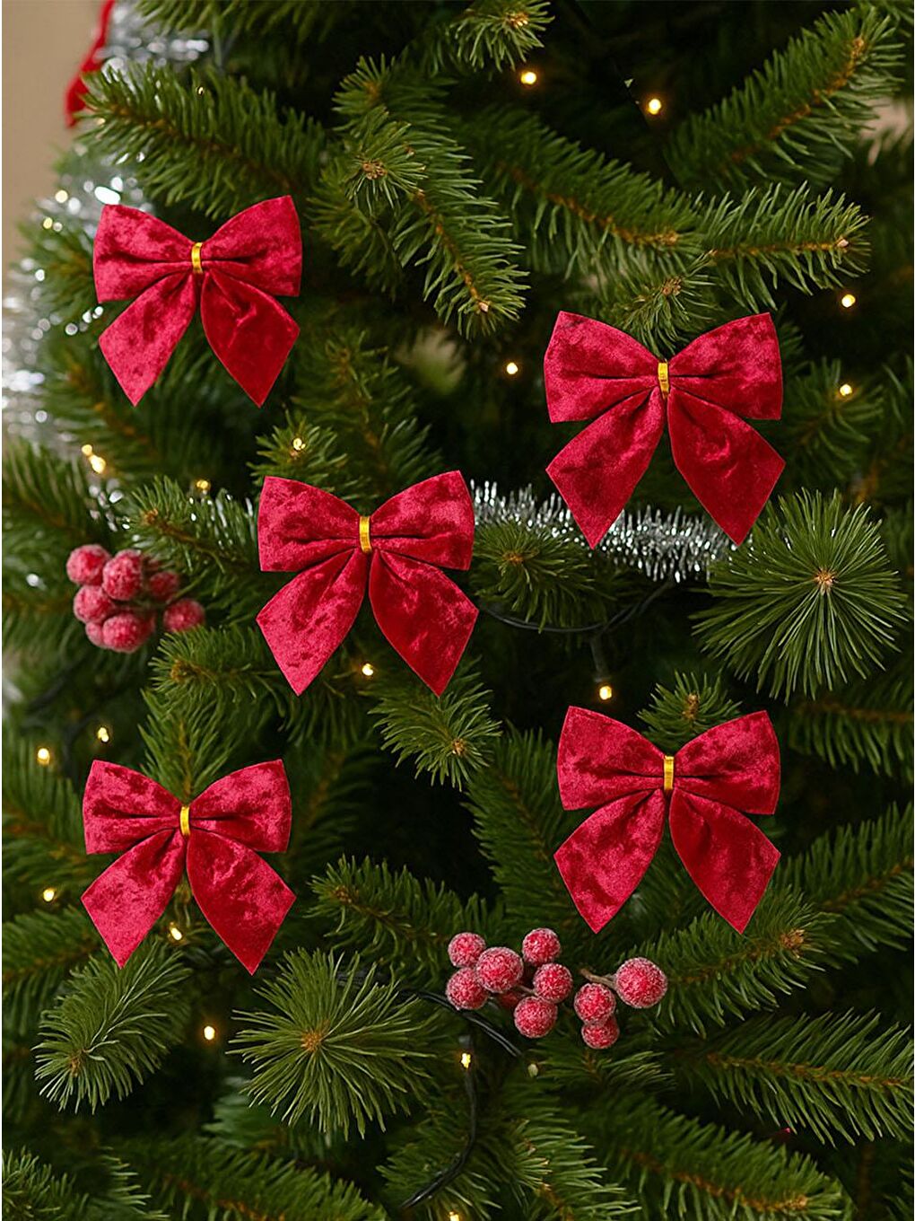 Yılbaşı Ağaç Süsü Kadife Fiyonk Asmalı Dekor Süsü Kırmızı 9 cm 4'lü