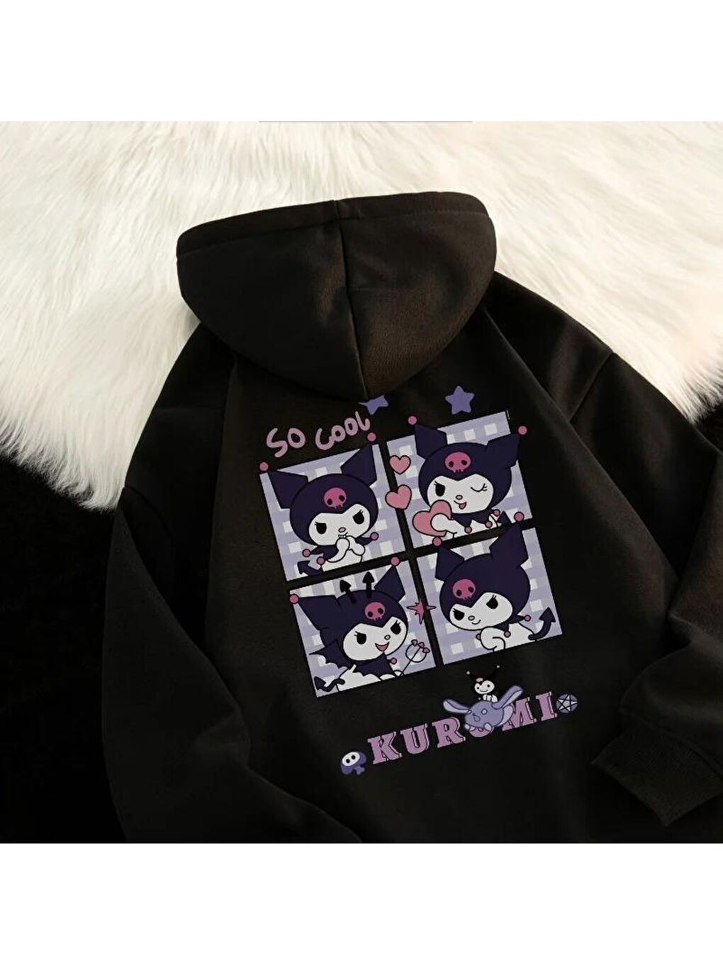 Touz Moda Siyah Harajuku Kuromi Ön Arka Baskılı Unisex Oversize Hoodie