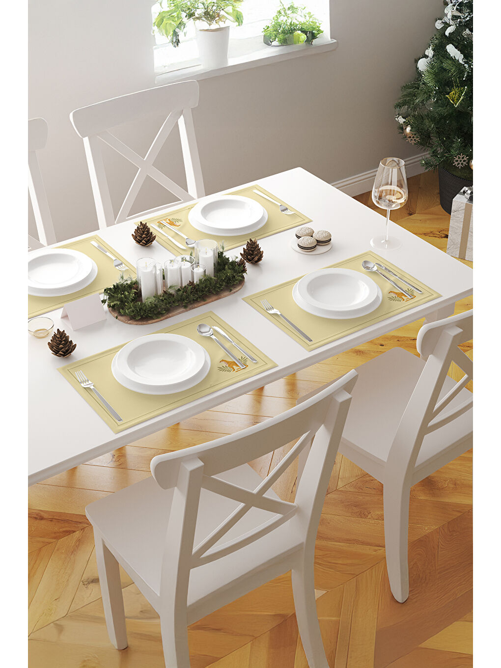 Leolime Palmiye ve Çita Desenli Tropik Temalı 2'li Amerikan Servis Seti Yeşil-Beyaz