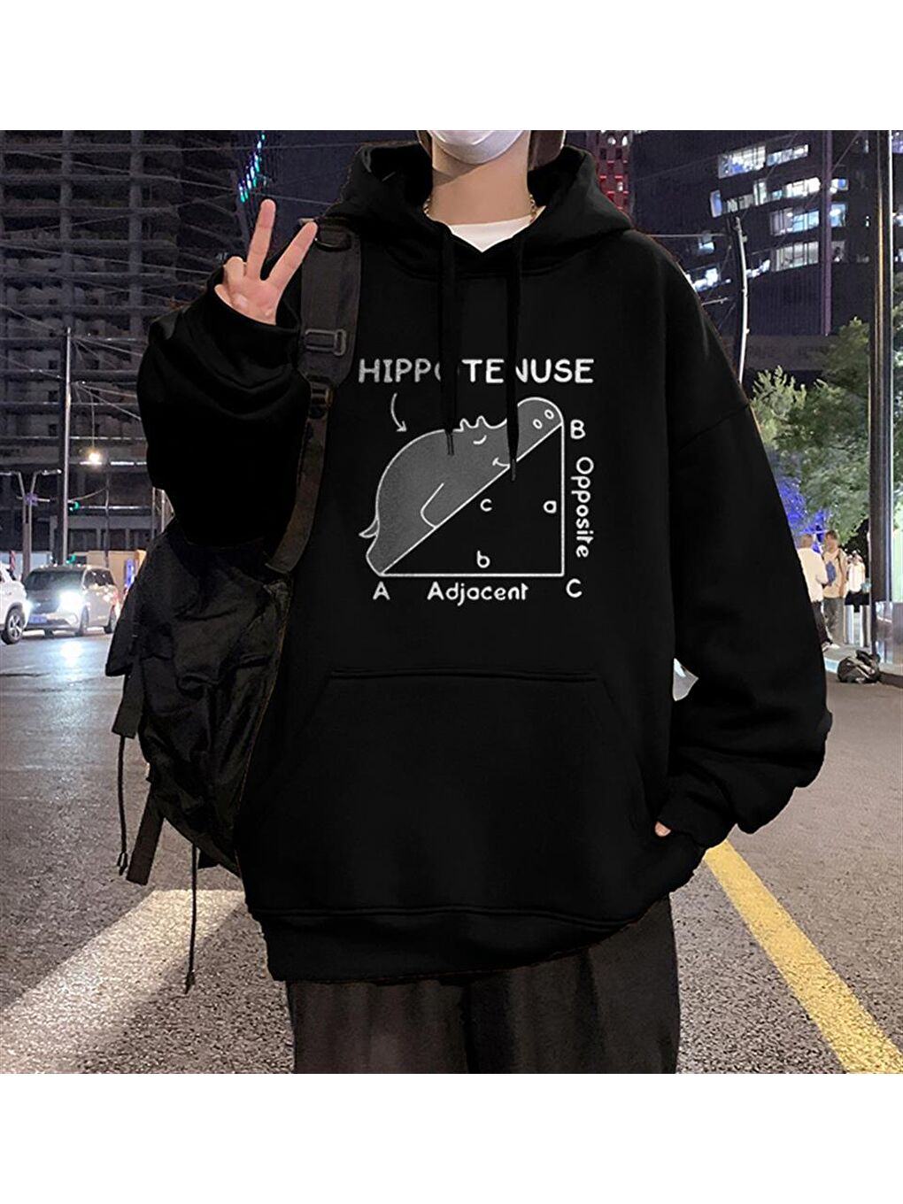 Touz Moda Siyah Hippotenuse Baskılı Siyah Unisex Oversize Kapüşonlu Sweatshirt