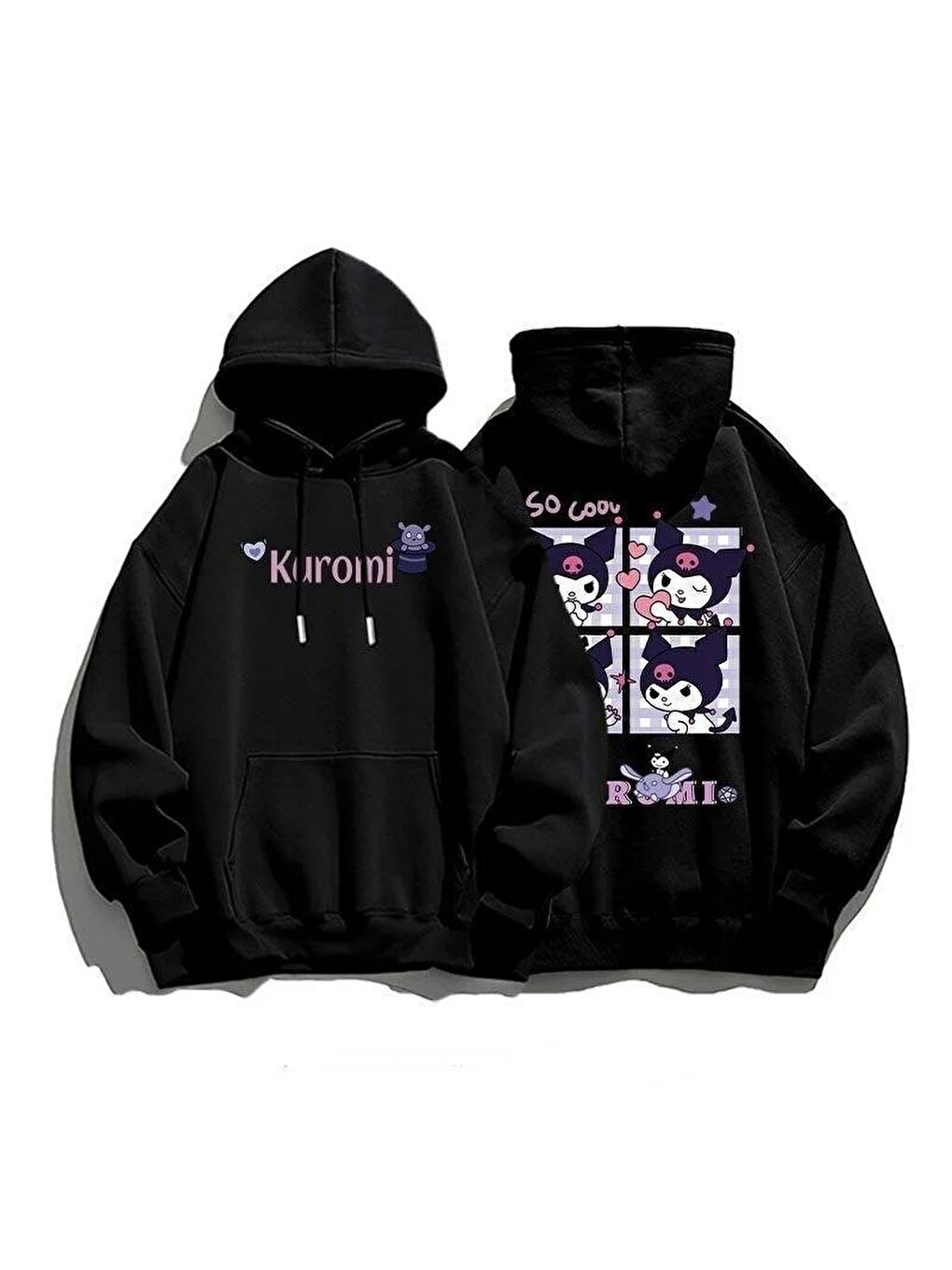 Touz Moda Siyah Harajuku Kuromi Ön Arka Baskılı Unisex Oversize Hoodie - 1