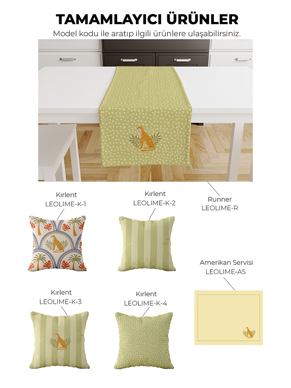 Leolime Palmiye ve Çita Desenli Tropik Temalı 2'li Amerikan Servis Seti Yeşil-Beyaz-2