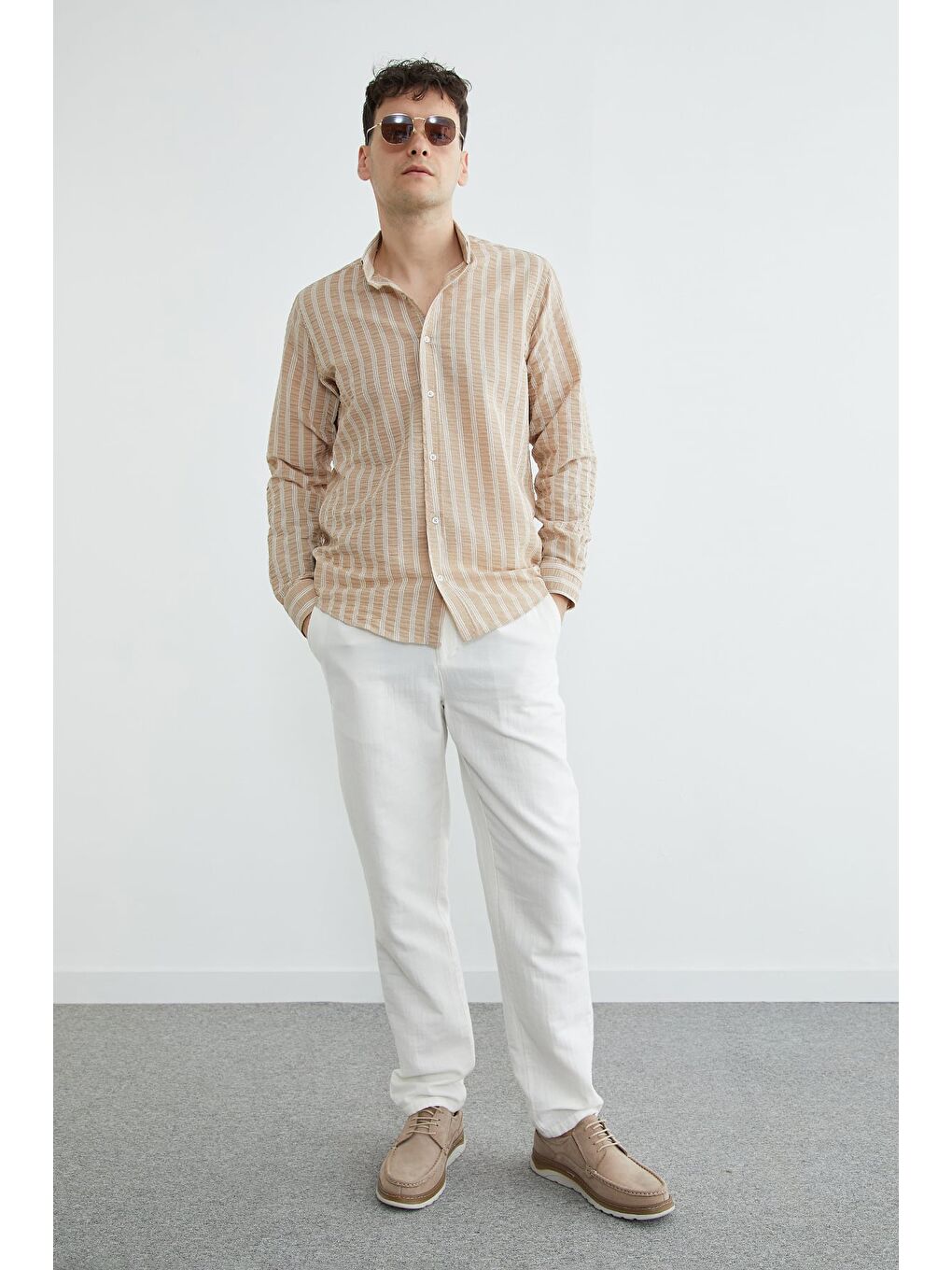 Bej Çizgili Jakarlı Gömlek-4