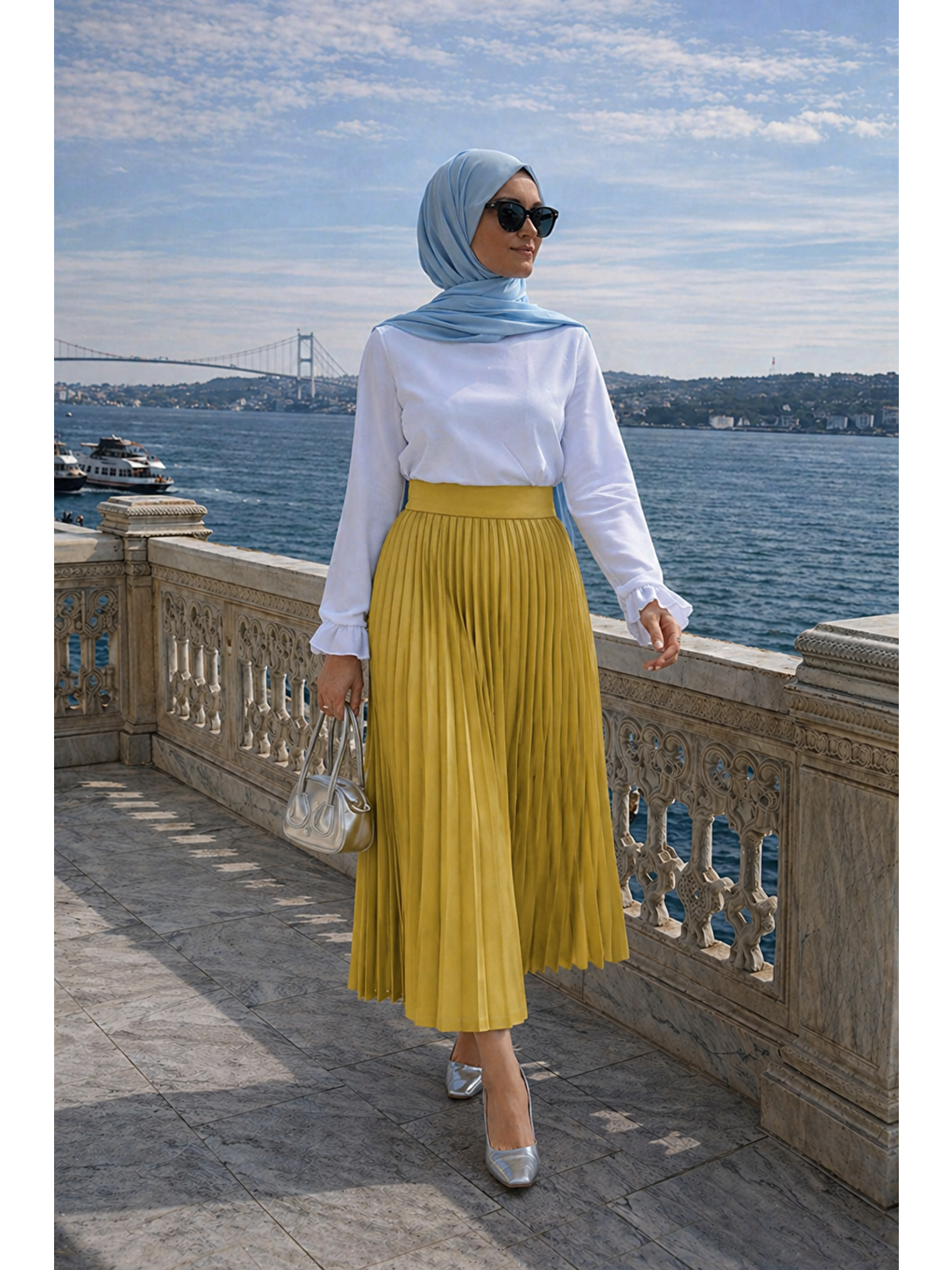 Kadın Premium Pileli F.Yeşil Uzun Tesettür Etek-3