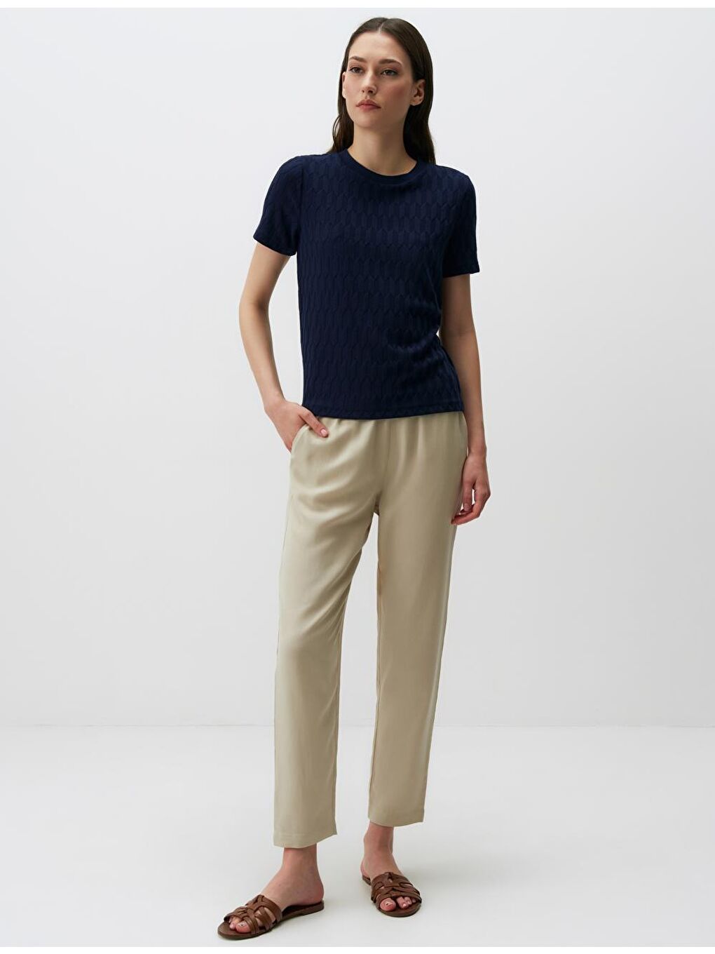 Lacivert Kısa Kollu Bisiklet Yaka Örme Tişört-1